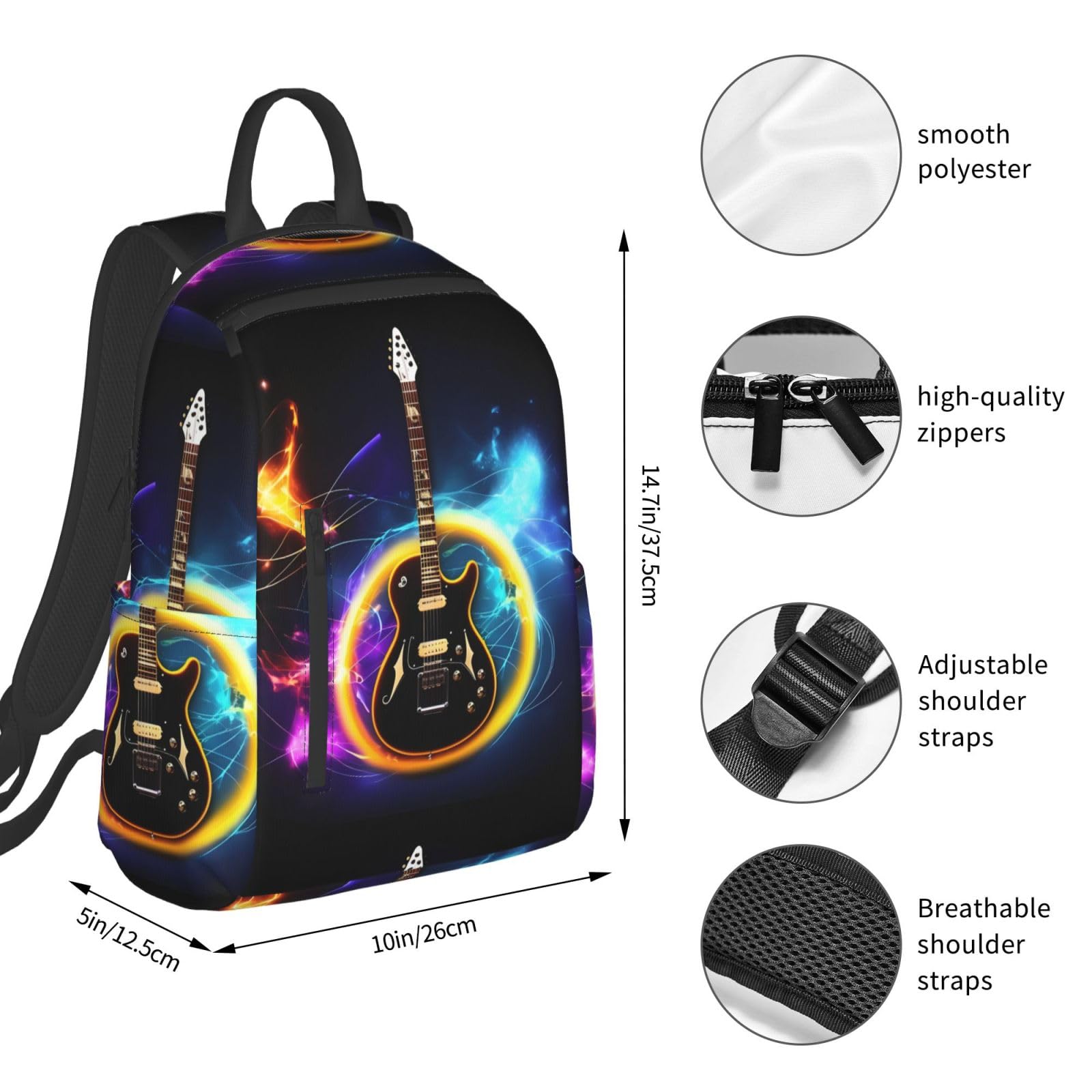 Magiczna gitara elektryczna z nadrukiem muzycznym lekkie plecaki na co dzień, lekki plecak podróżny dla unisex, pasuje do pracy, na zakupy, Czarny, rozmiar uniwersalny