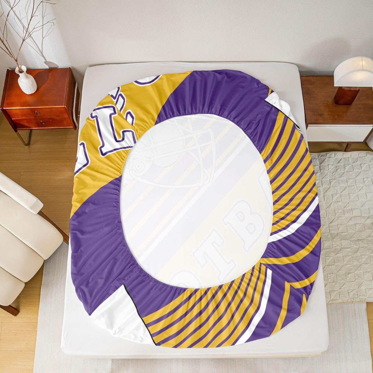 Football Fans Gifts Bedding Set, Football Themed Full Fitted Sheet, Rugby Sports Game Bed Sheets Graffiti Striped Sheets 3 Pieces, Purple and Yellow