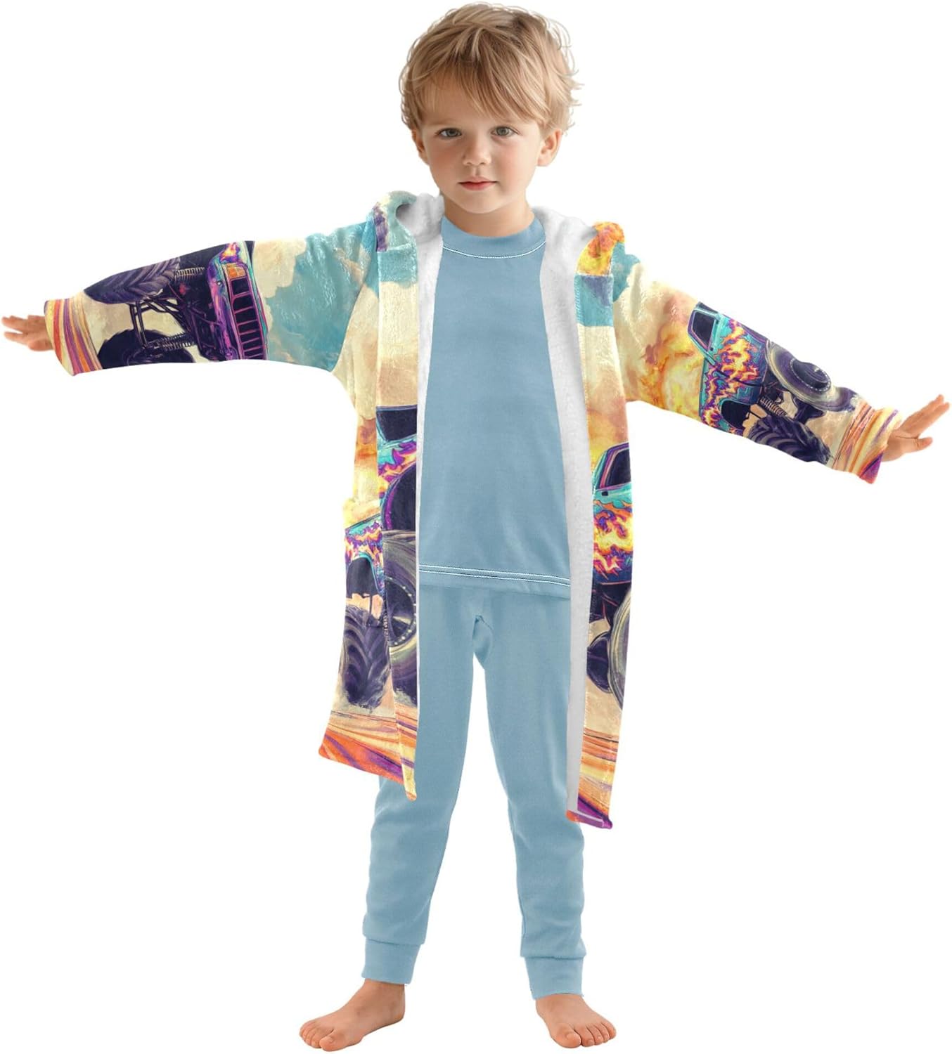 Fire Monster Truck Cars Bathrobe Hooded PJ Robe Soft Fleece Robe Pajama Sleepwears 2-12 Years