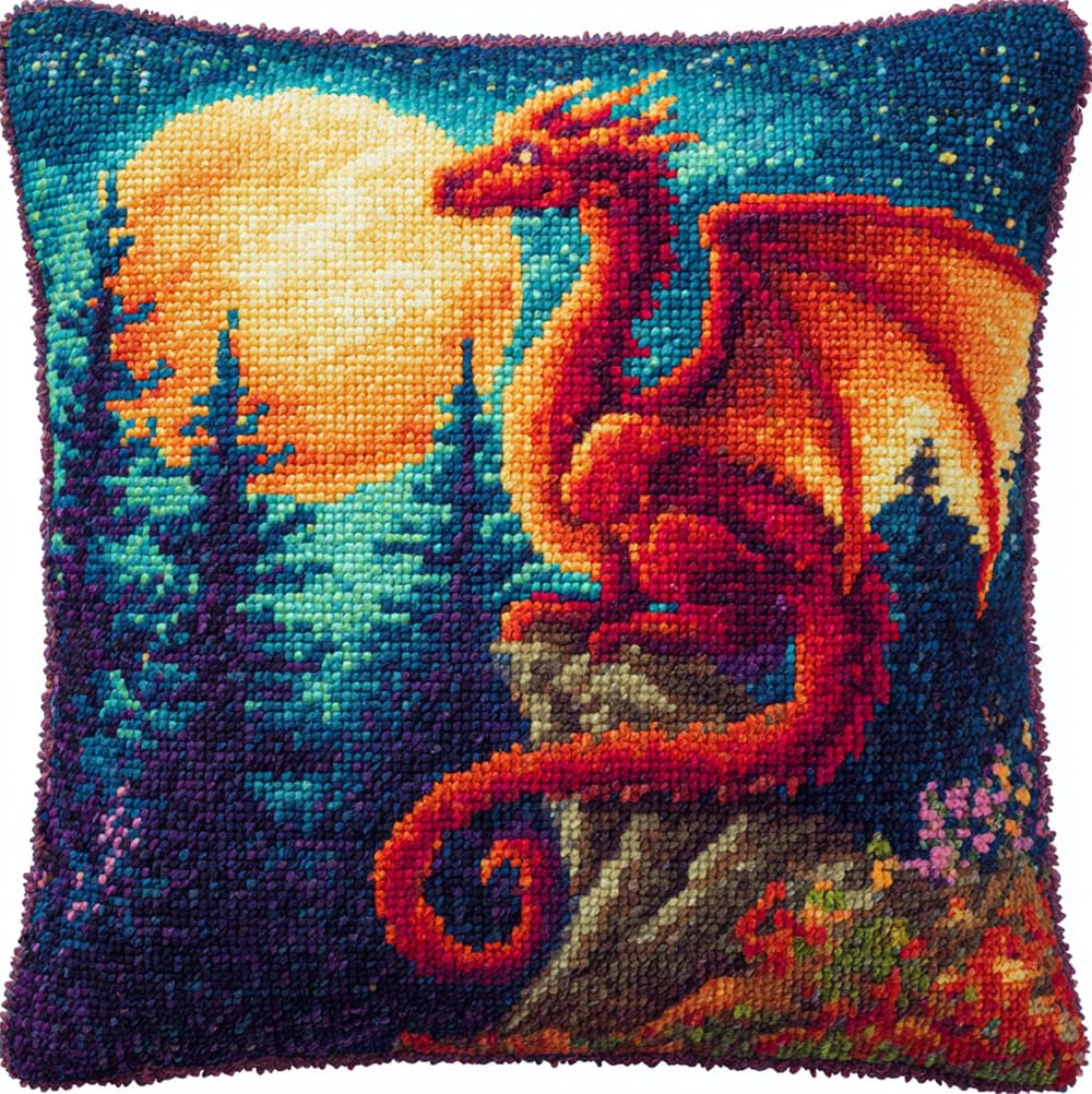 Taxpy Animal Latch Hook Cushion Kit, Dragon in The Moonlight Knitting Kits Cushion, 43X43Cm/17X17 Inch Rug Making Kit for Starters, Latch Hook Kits for Beginners Adults Or