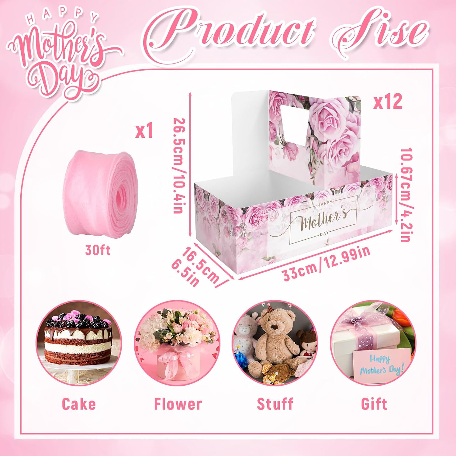 12 Set Mother's Day Flower Gift Box Cake Flower Gift Boxes with Pink Ribbon Disposable Portable Cup Drink Carriers for Mother's Day Mom Wife Birthday Holiday Gift Party Favors image 2