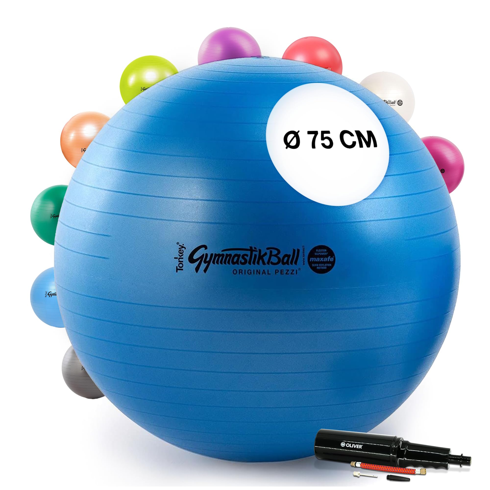 PEZZI - Gymnastikball Original Pezziball MAXAFE 75cm Ø mit Oliver Rapid Pumpe – Sitzball für Therapie, Sport & Büro - Universeller Trainingsball aus Flexton Silpower® belastbar bis 400 kg – Blau
