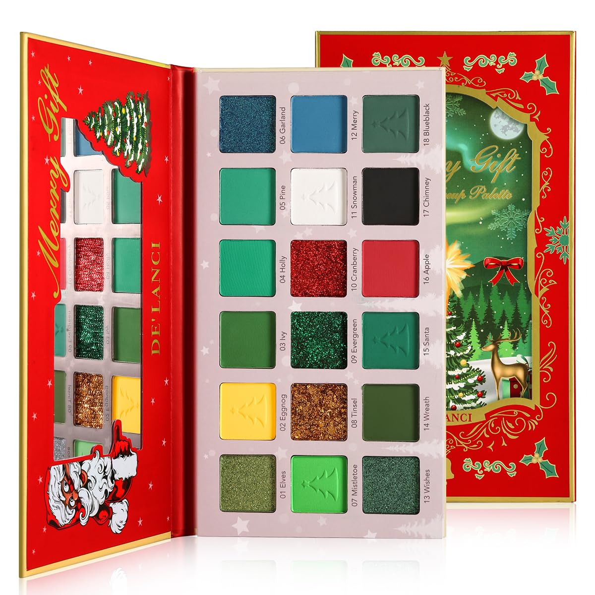 Green Red Eyeshadow Palette Christmas Makeup, Matte Glitter Multichrome Gold Eyeshadow Palette High Pigmented, 18 Color Shimmer Long Lasting Eye Shadow for Festival, Party, Mardi, Xmas Makeup