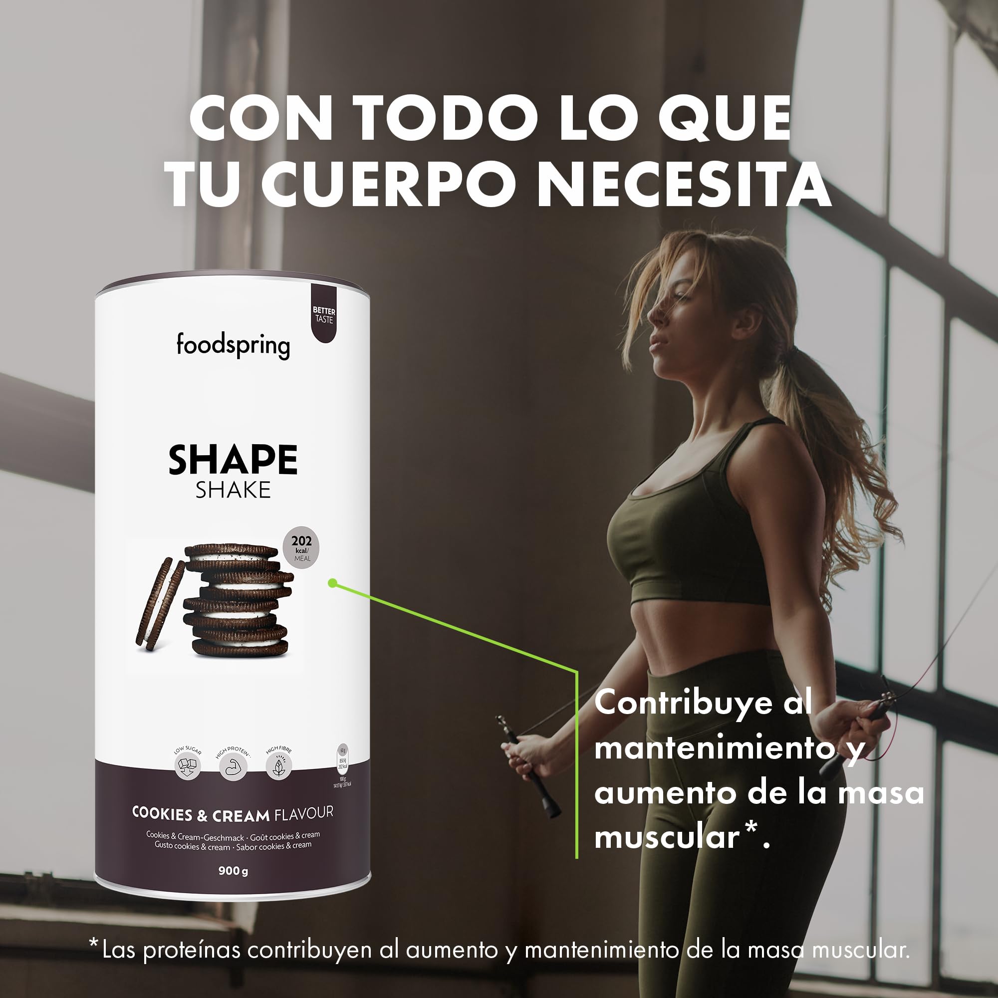 foodspring Shape Shake - batido completo, sustitutivo de comida con proteína premium para controlar el peso, 202 kcal por ración, sin gluten - 900g