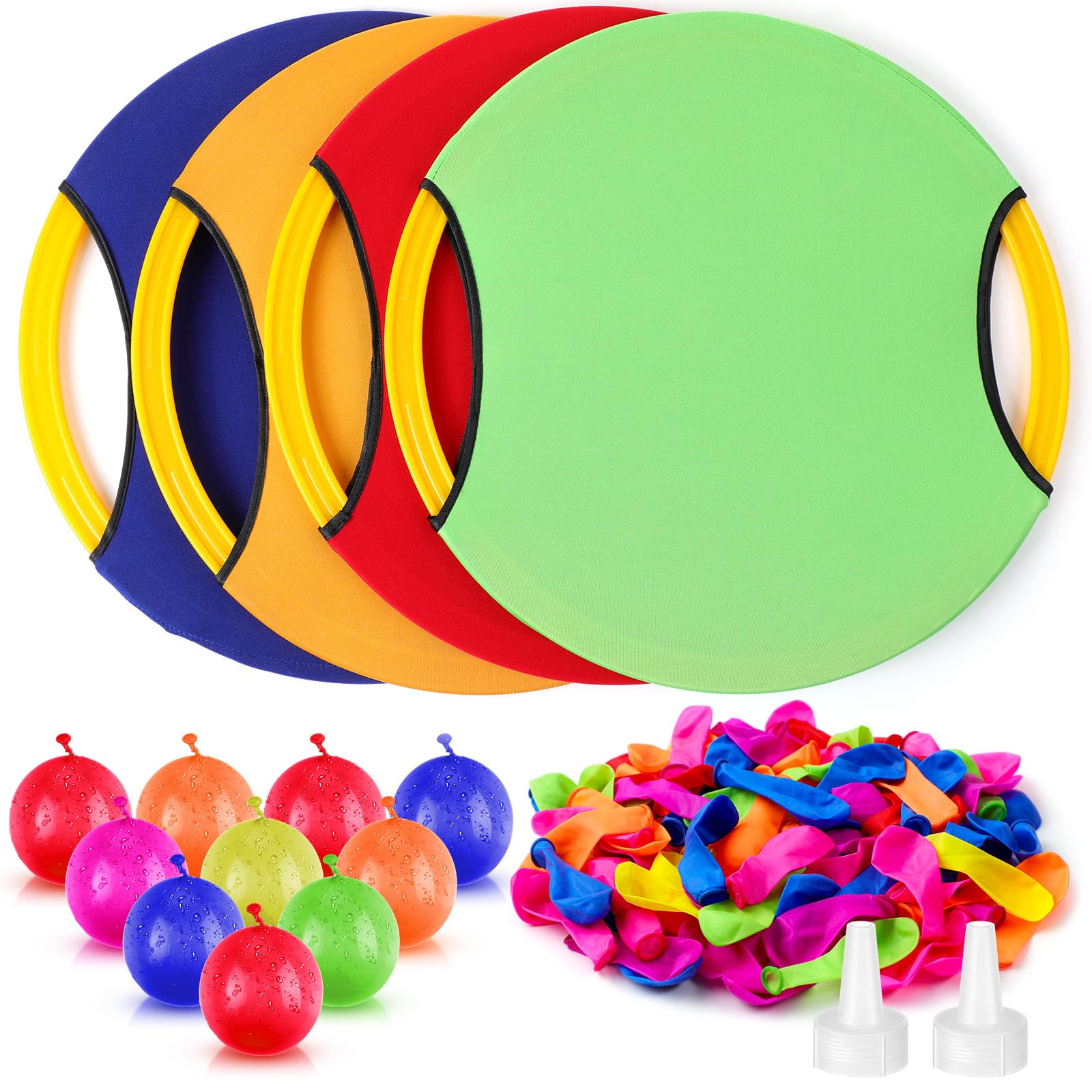 WinnerWhy 4 Pcs Water Air Balloon Toss Disc Set Includes 4 Bouncy 13.8" Disks 100 Balloons Popping Fight Water Toss Disc Set for Summer Lawn Party
