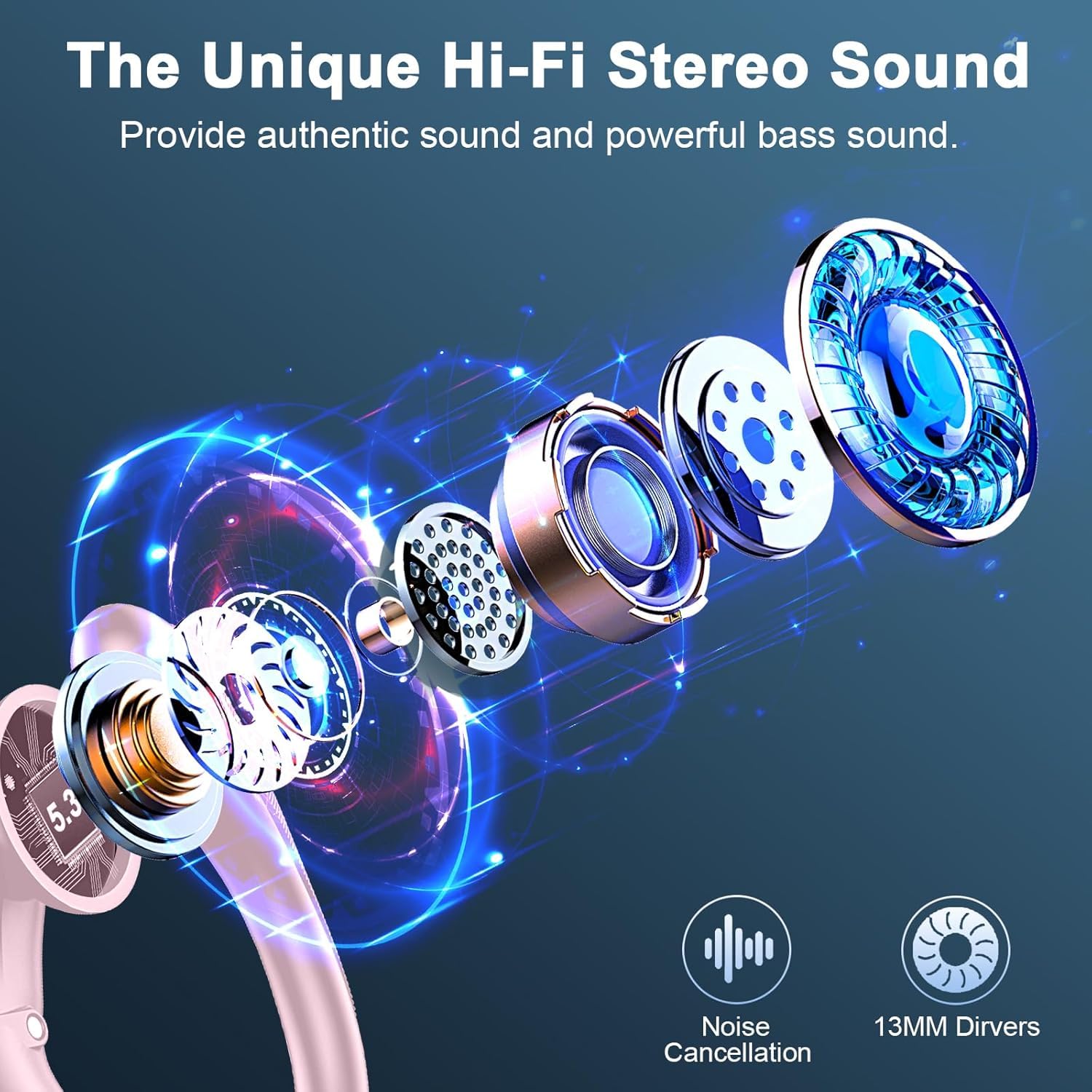 Cuffie Bluetooth Sport, Auricolari Bluetooth 5.3 Wireless con 4 ENC Cancellazione Rumore Mic, 50 Ore HiFi Stereo Cuffie Wireless, IP7 Impermeabile, Cuffiette Bluetooth con LED Display, USB-C, Rosa