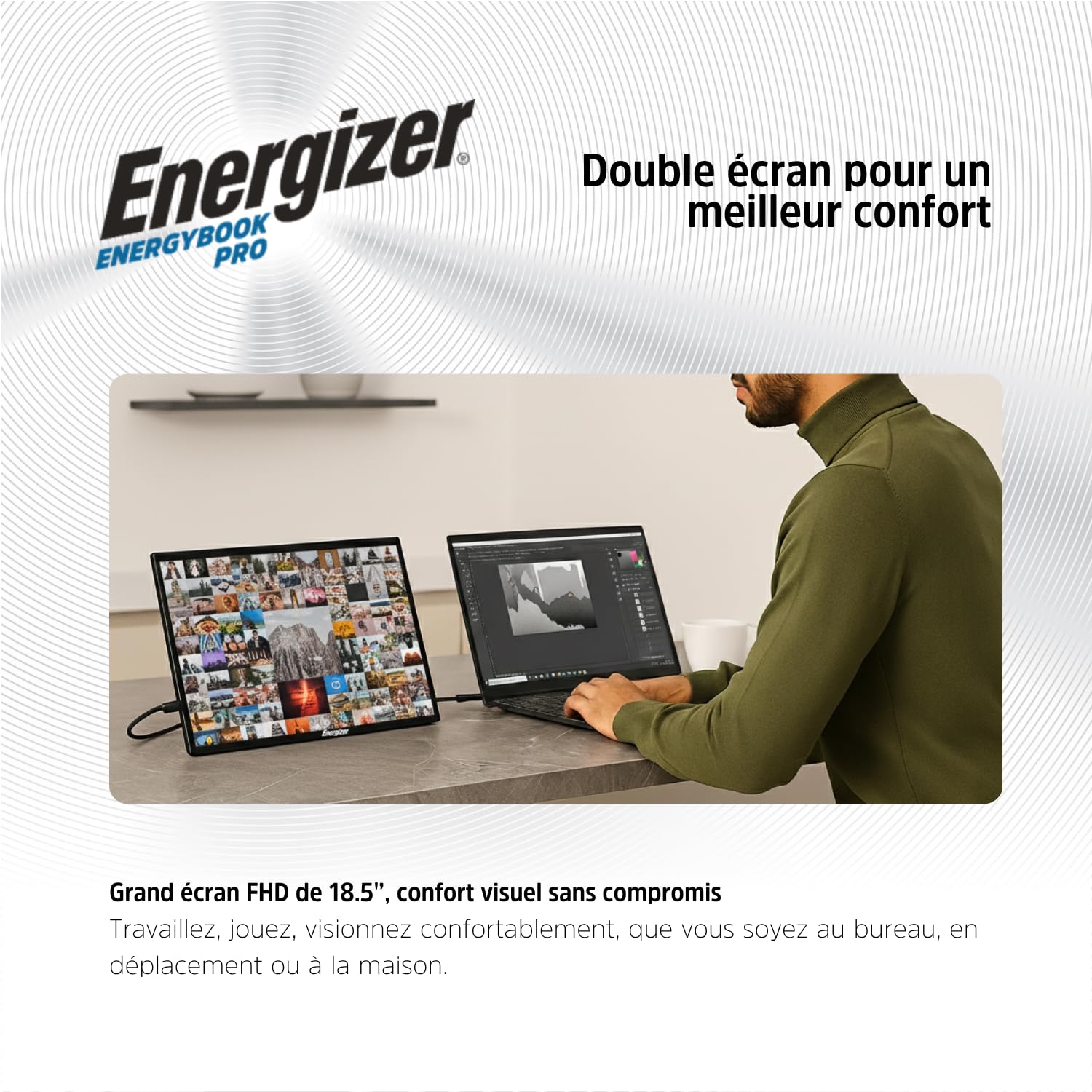 Energizer Pack Laptop 18,5" 8Go 256Go SSD + Écran Portable 18,5" FHD IPS + Lecteur DVD USB - Windows 11 - Clavier AZERTY - WiFi
