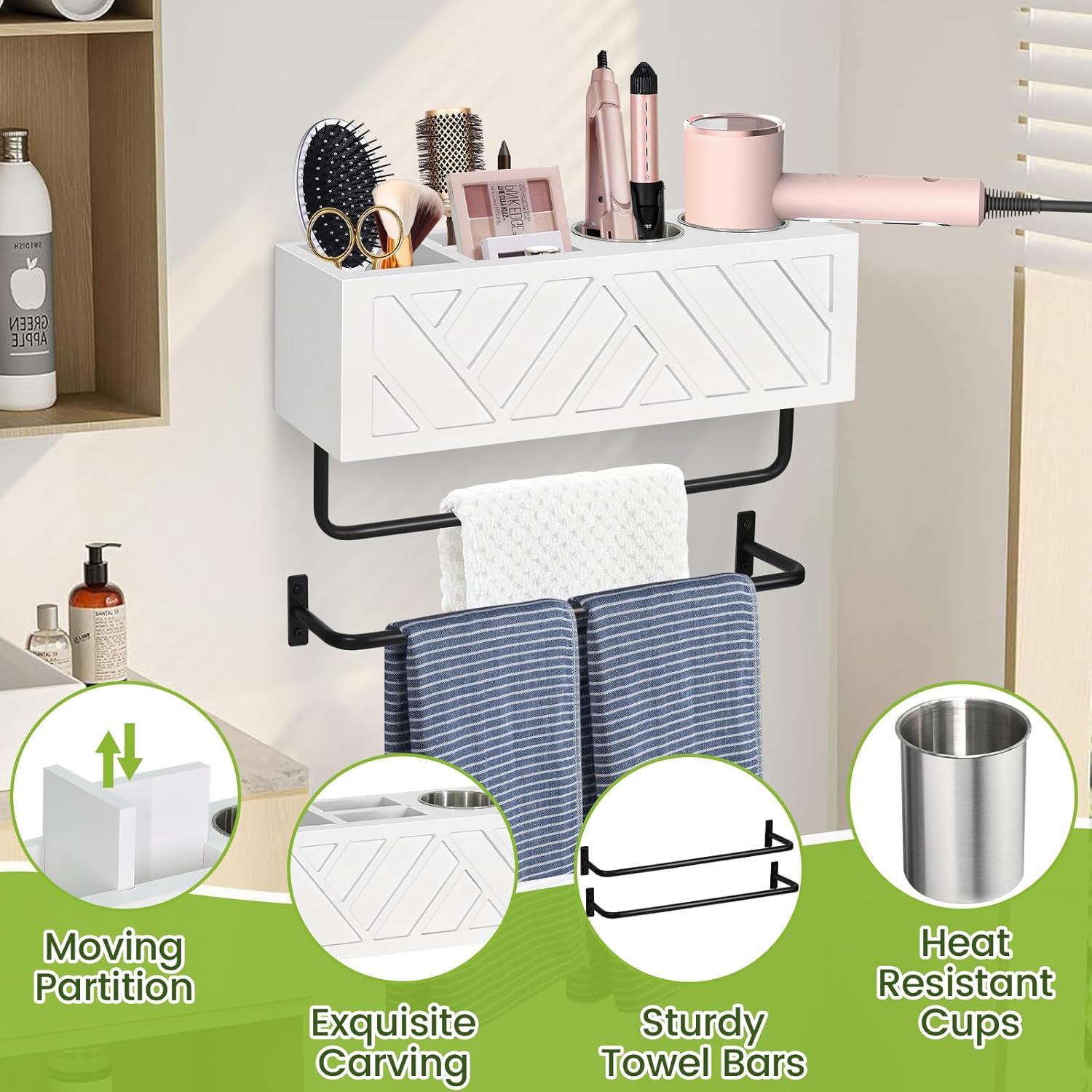 Hair Tool Organizer Wall Mount, Hair Dryer Holder with 2 Towel Bars, Wood Hot Tools Organizer, Rustic Bathroom Organizer Blow Dryer Holder for Bathroom Decor, Flat Iron, Curling Wand, Brushes(White)