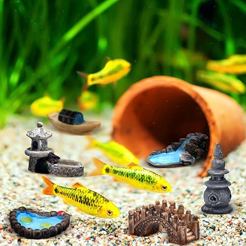 Miniatura 4 de BBTO 24 piezas de accesorios de jardín de hadas, miniaturas de arquitectura, estanque de hadas, hierba, barco, puente, silla, figuritas