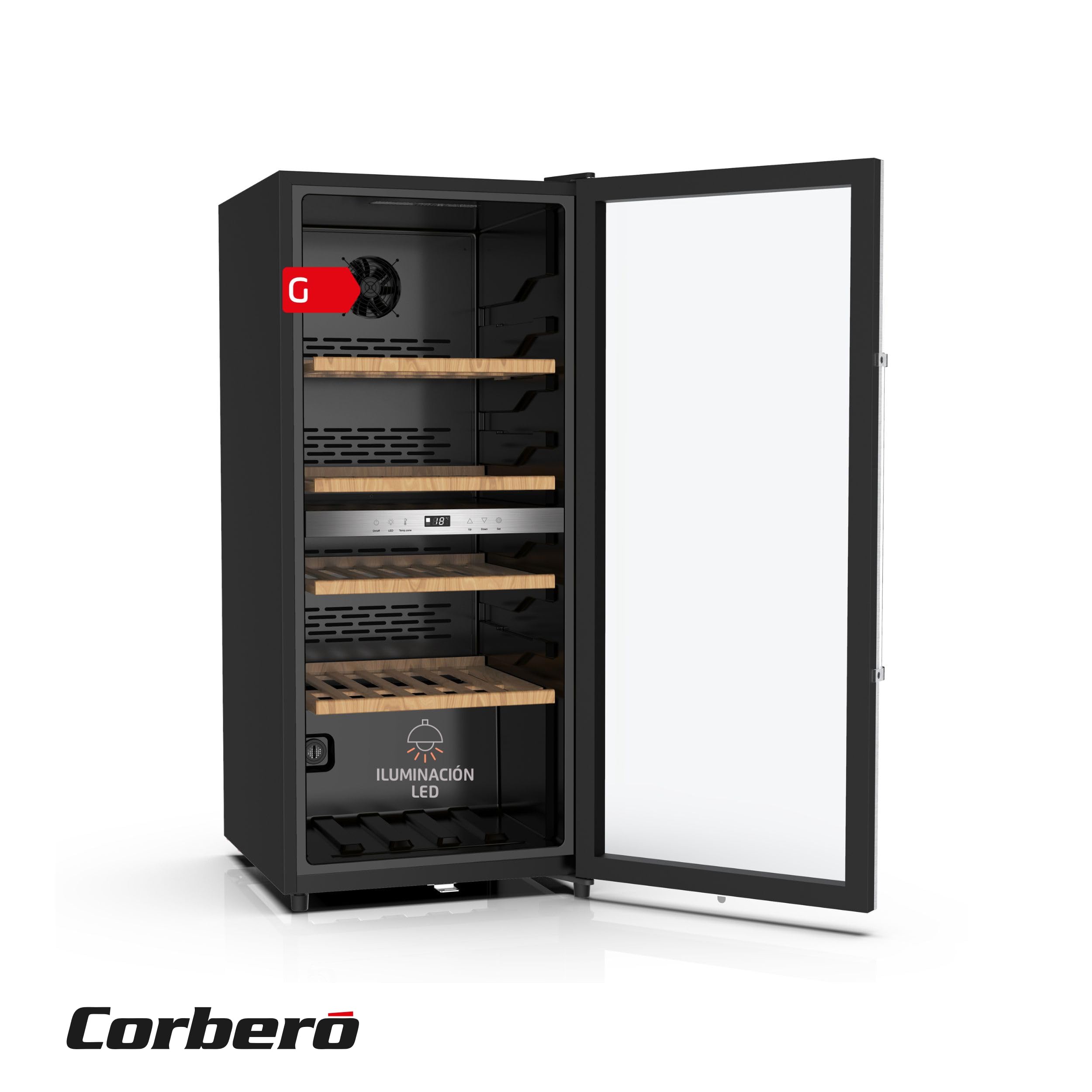 Corberó - Vinoteca CFKWC91SWDZ | 200L | 91 Botellas | Estático Con Ventilador | Doble Zona | Nevera para vino con Luz LED | 4 Estantes de Madera | 45Db | Negro Puerta Cristal — view 8