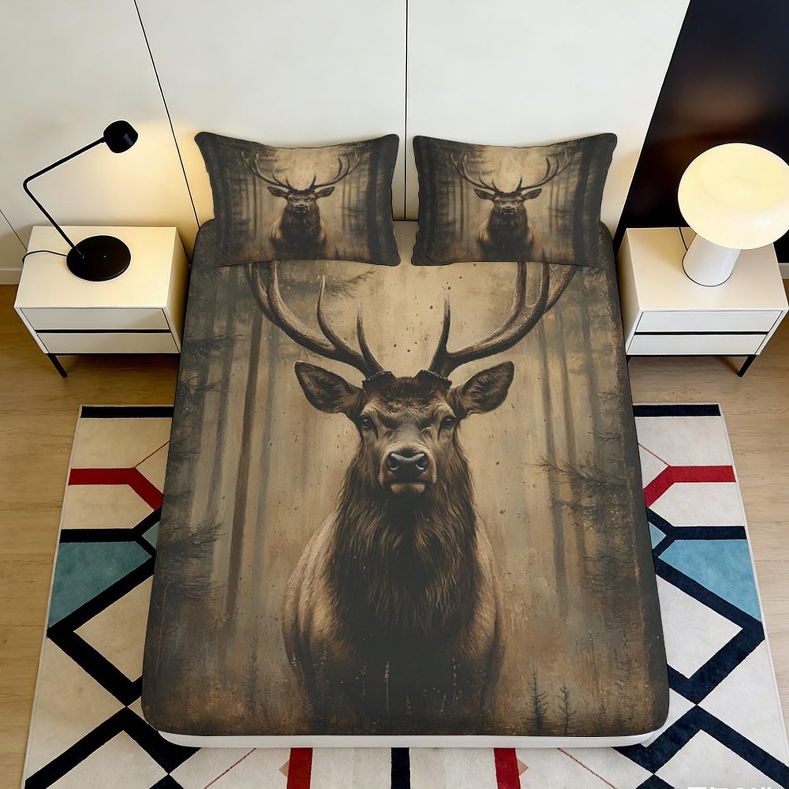 3D Printed Deer Forest Fitted Sheet Microfiber Soft Durable Stag Design Bed Cover for Bedroom Dormitory Guest Room Mattress Protection Decor 200x200x25cm