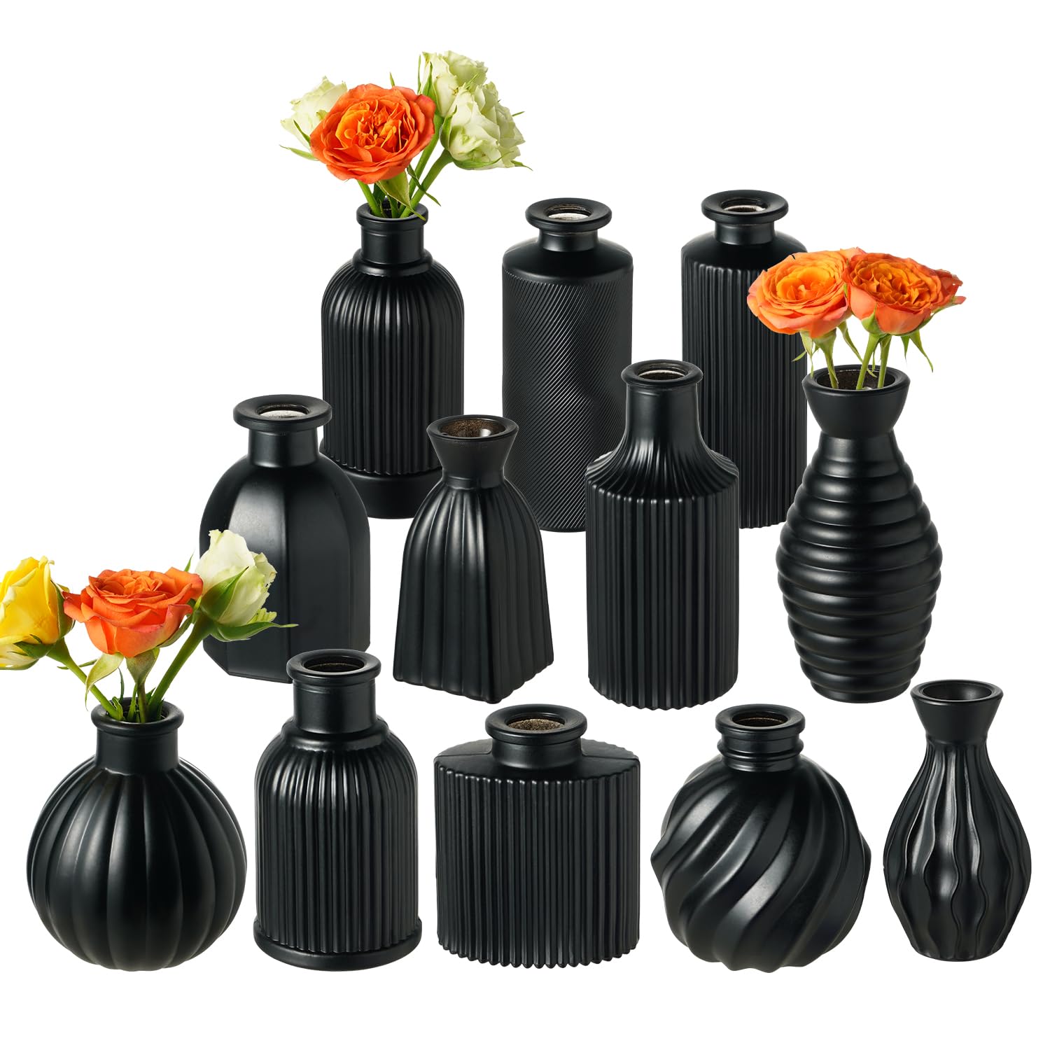 Black Vase, Bud Vases Set of 12, Small Glass Vase for Decor Centerpieces, Matte Ribbed Modern Vintage Flower Vases for Wedding Party Table Decoration