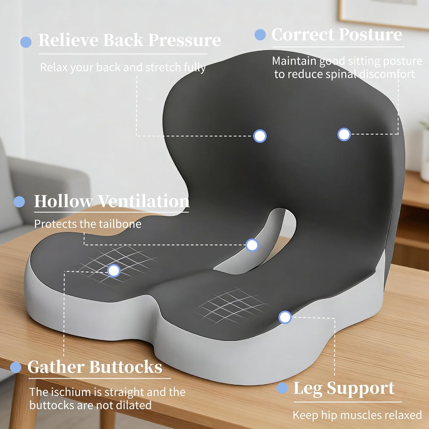 Orthopedic Cushion, L-Shaped Ergonomic Design Seat Cushion, Non Slip Memory Foam Car Cushion with Back Support for Tailbone & Hips Pain Relief, Suitable for Office, Car, Home, Long Sitting