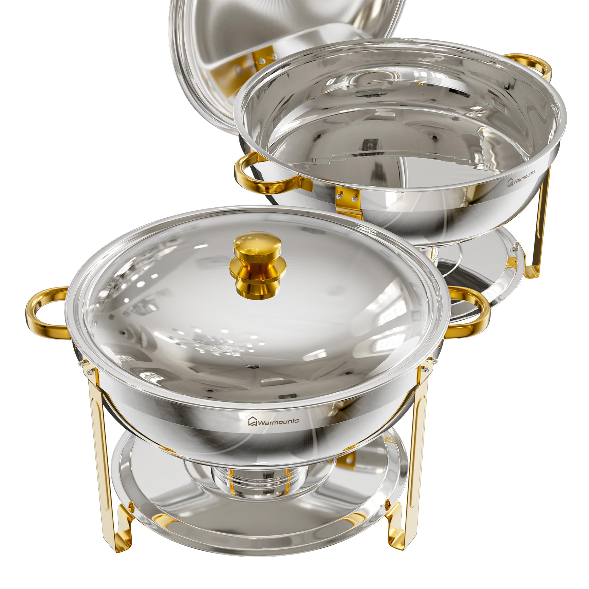 WARMOUNTS Chafing Dish 2er Set 8,5L Silber & Gold, Speisenwärmer Buffet Rund Edelstahl mit Gold-Akzenten & Deckelhalter, Warmhaltebehälter Stapelbar Catering Rechaud für Partys, Hochzeiten & Events