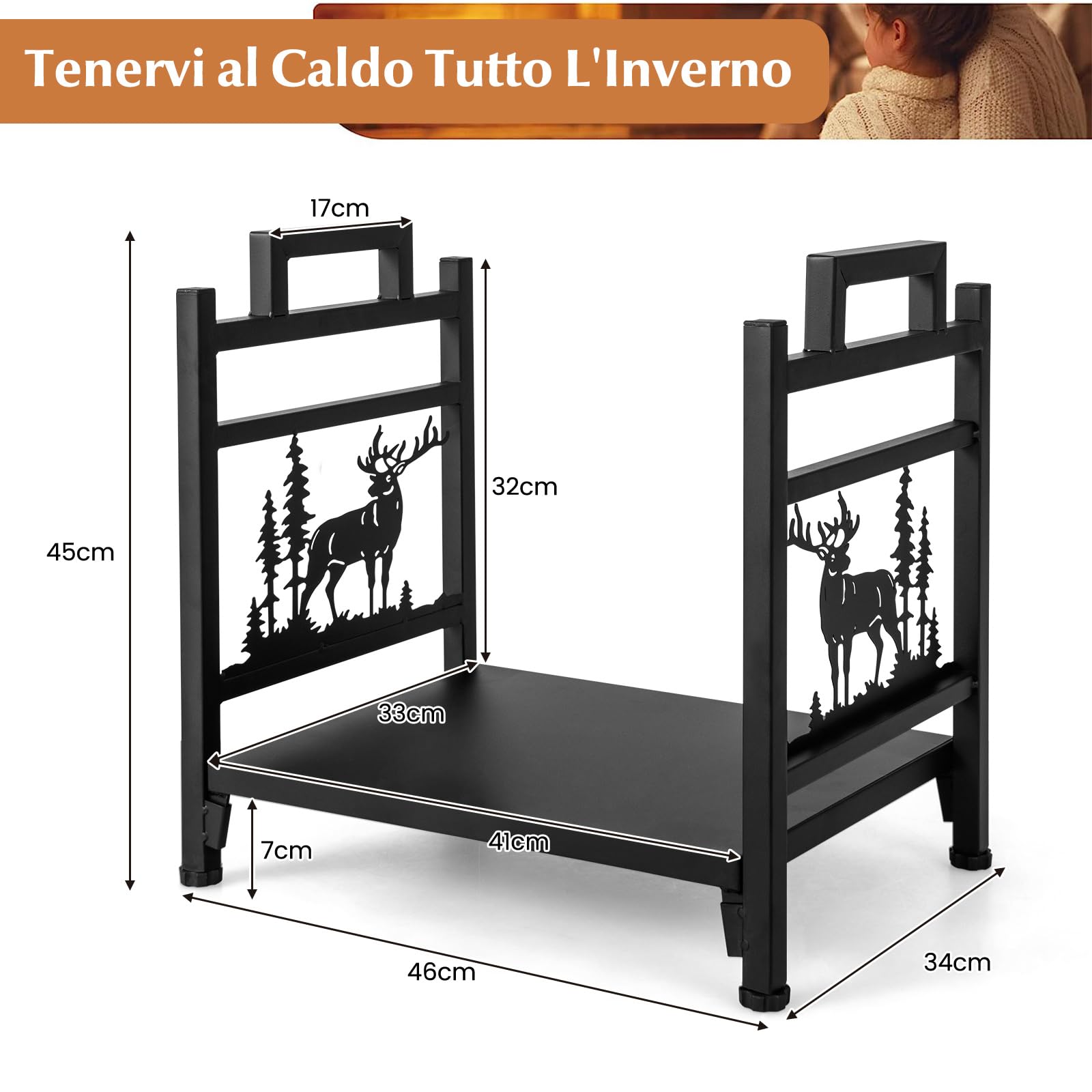 COSTWAY Porta Legna in Metallo, Portalegna con Doppia Impugnatura, Base Solida e Motivi Adorabili di Cervi e Alberi, Legnaia da Interno Esterno, Installazione Senza Attrezzi, Portata 60 kg
