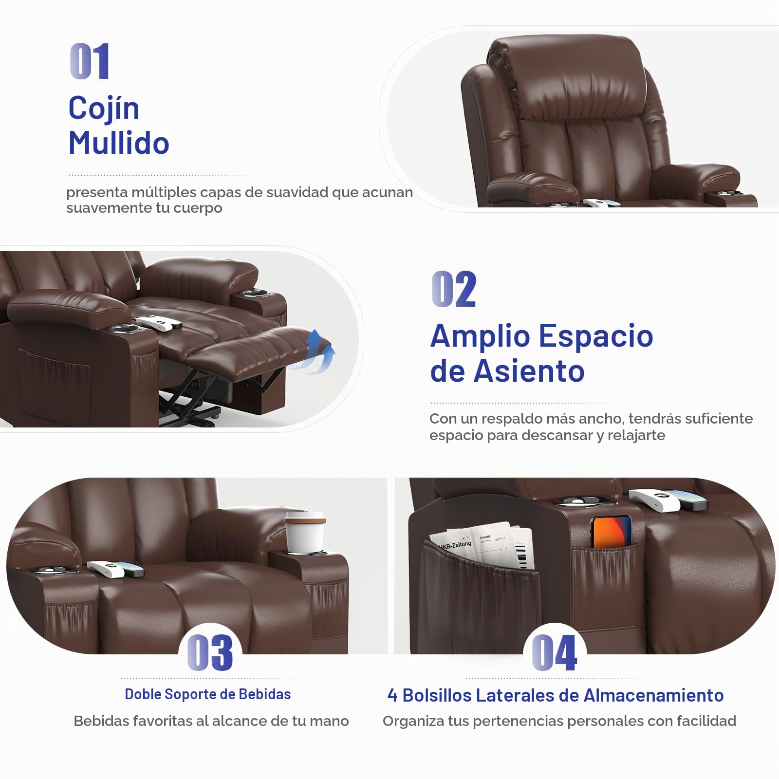 YONISEE Sillon Relax Reclinable 150º Sillón Masaje Con Calefacción, Función Auto-Ayuda (Levanta Personas), Puerto USB+Tipo C, Portavasos Bolsillos Laterales Sillones Reclinables Electricos Butaca Sofa