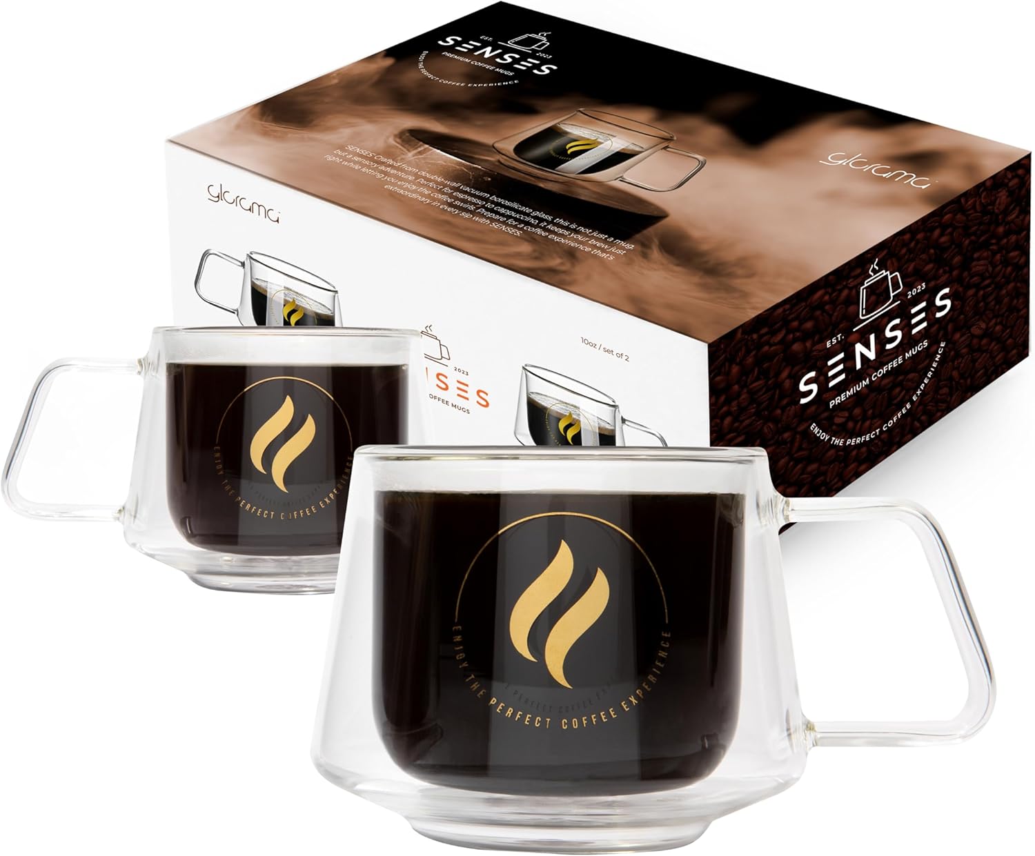 GLORAMA Double Walled Glass Coffee Mugs - 10oz Coffee Mugs for Tea, Espresso, & Cappuccino - Freezer & Microwave Safe Coffee Mugs Set of 2