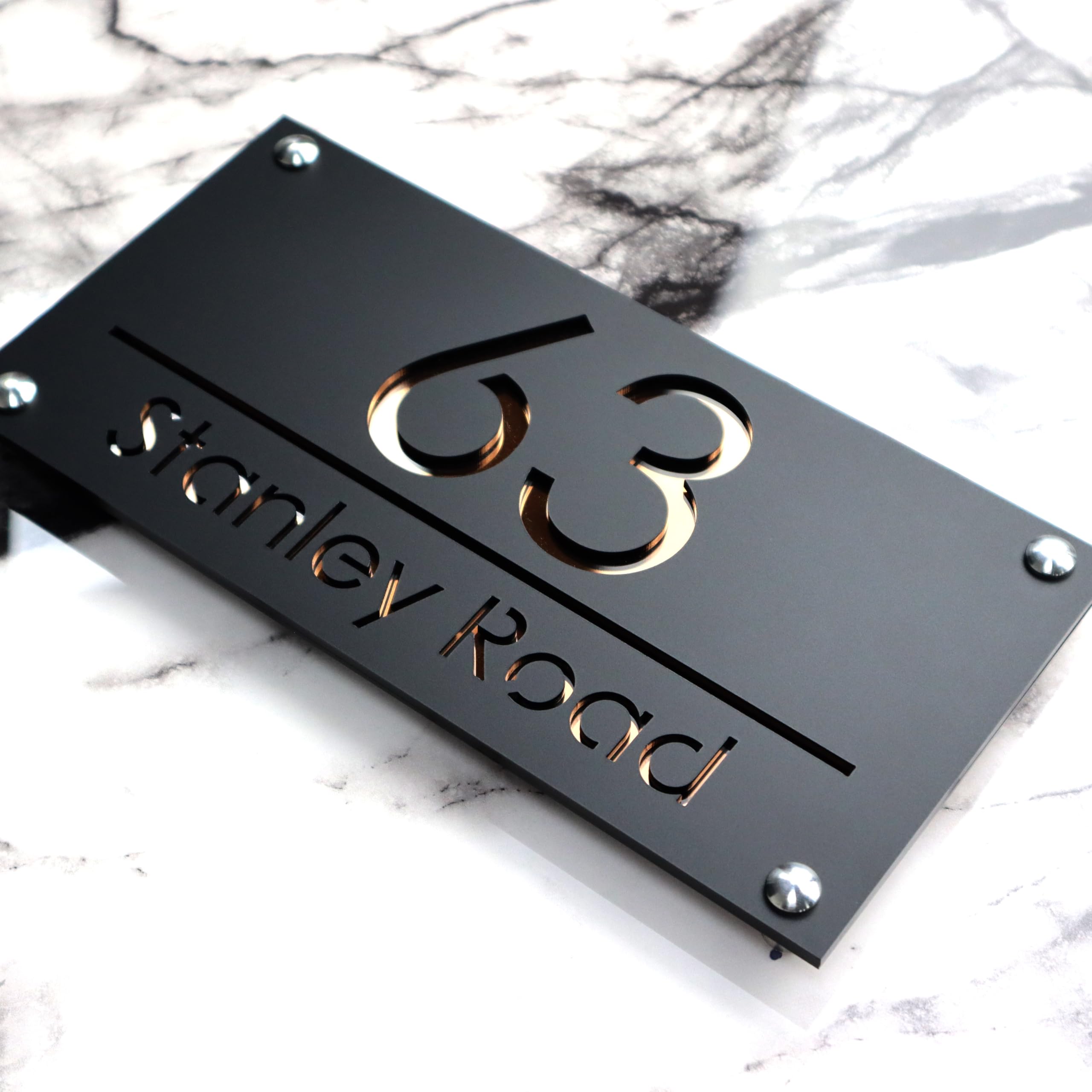 K SMART SIGN | LUXE H3 F31 | House Numbers Plaques House Numbers Door Signs House Number For Wall Name Plaques For Outside 3D Laser Cut acrylic Mirrored Marble (Matt Black & Copper Mirror)