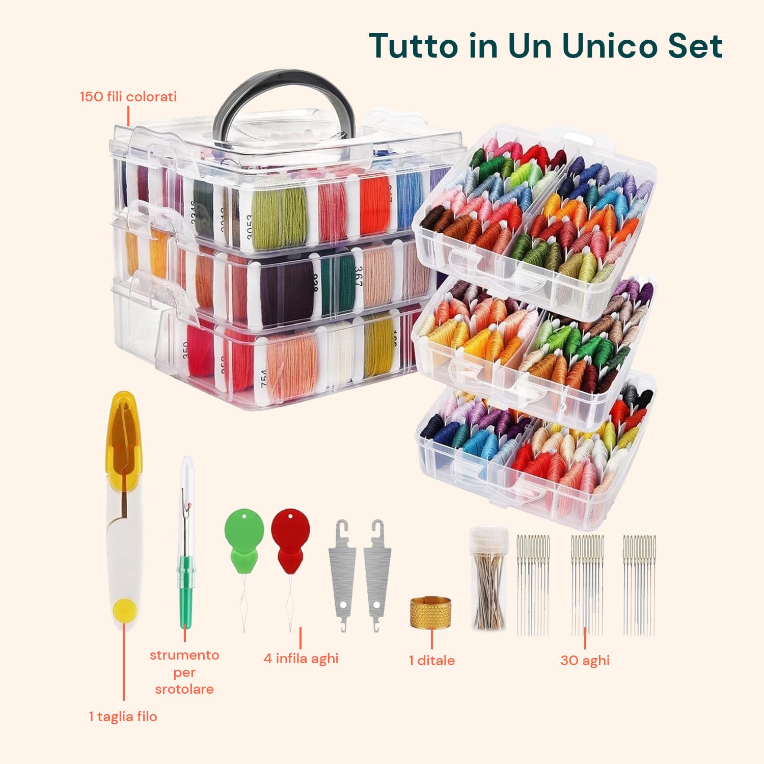 Wintem – Kit Ricamo con 150 Fili Colorati, Contenitore a 3 Livelli con 6 Scomparti, Accessori Inclusi per Punto Croce e Braccialetti, Ideale per Principianti e Ricamo Creativo