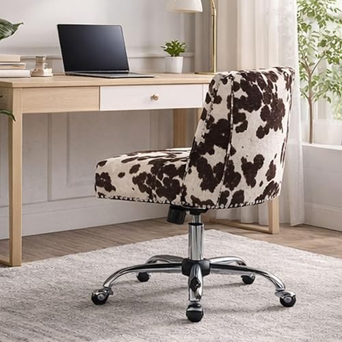 Miniatura 7 de Silla de oficina en casa con estampado de vaca, silla giratoria de tela ajustable, silla de escritorio tapizada sin brazos para sala de estar,