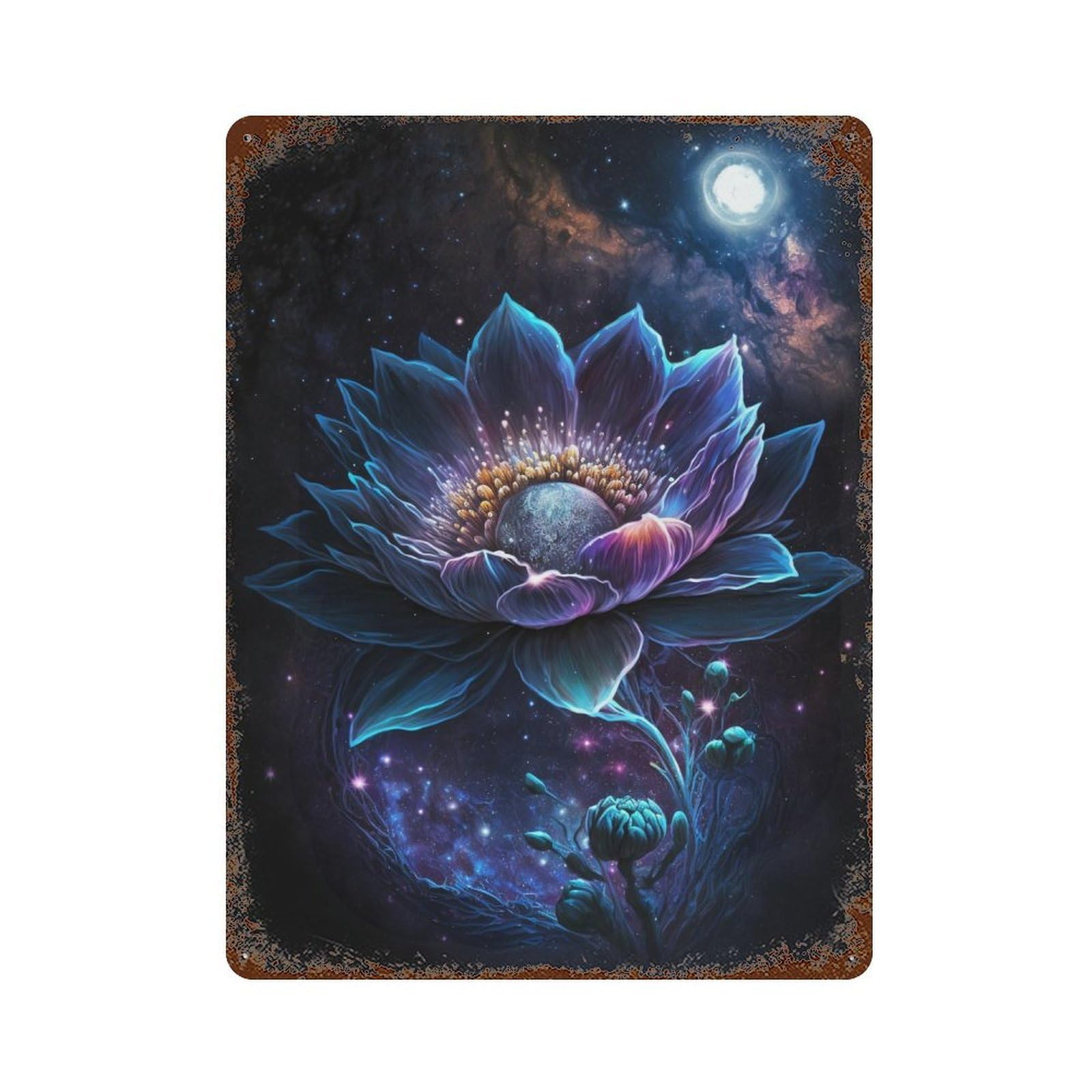 Distressed Metal Wall Sign with Galactic Lotus Bloom Design 15.7"x11.8", for Cafe, Home Bar And Lounge Decor, Retro Wall Decor