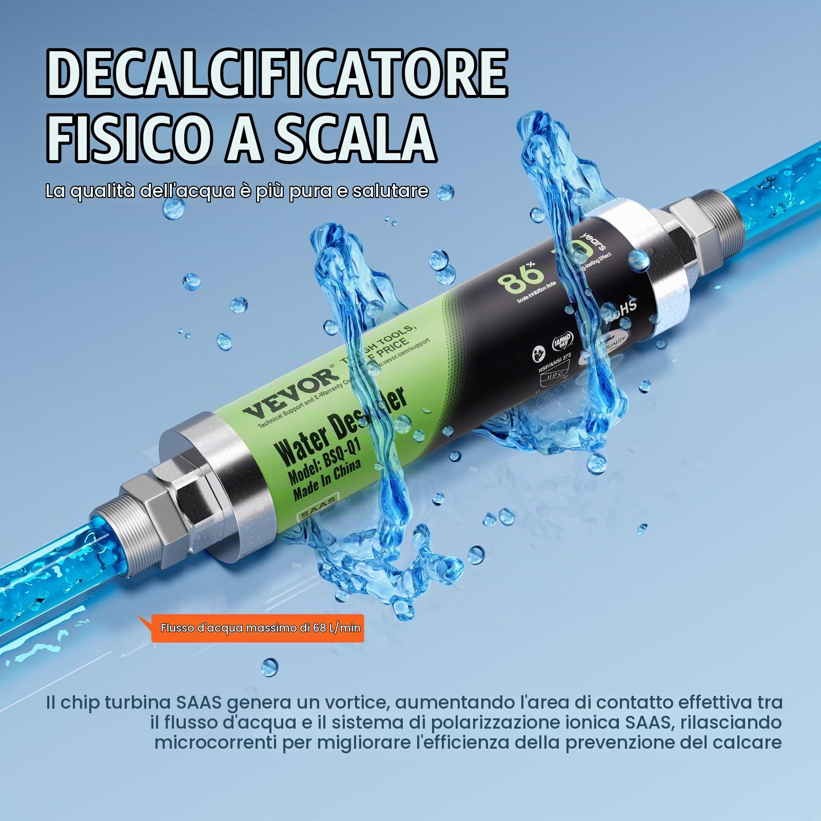 VEVOR Addolcitore per Acqua Domestica Declacificatore Senza Sale per Acqua Tutta la Casa, Attrezzatura Addolcitrice Decalcificante Fisico per l'Acqua di Città, Addolcitore Decalcificante Acqua 18 GPM