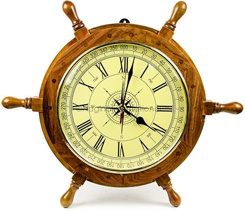 Nagina International Reloj náutico de 18 pulgadas hecho a mano con esfera de brújula de pirata direccional Reloj de pared para decoración del