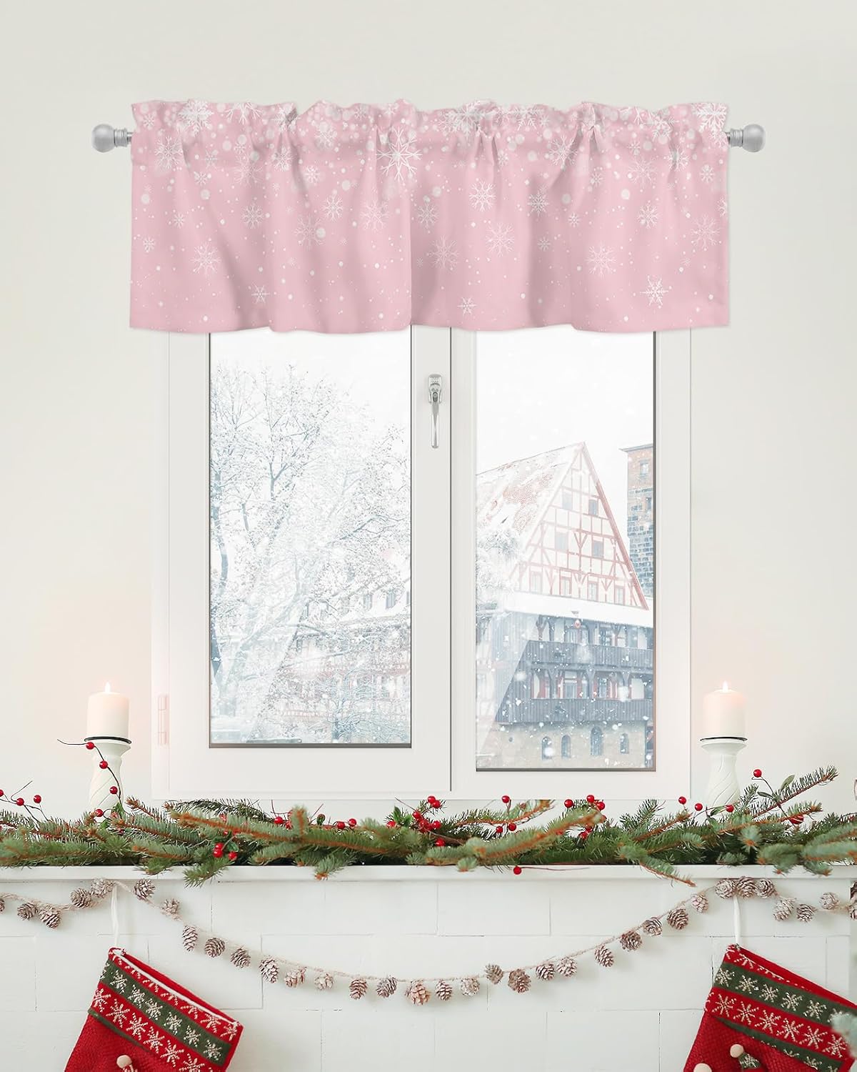 T&H XHome Christmas Kitchen Valances for Windows Christmas Snowflake Pink Gradient 60" W x 18" L Window Valances Rod Pocket Short Curtains for Bathroom, Living Room, Bedroom, Farmhouse, Cafe