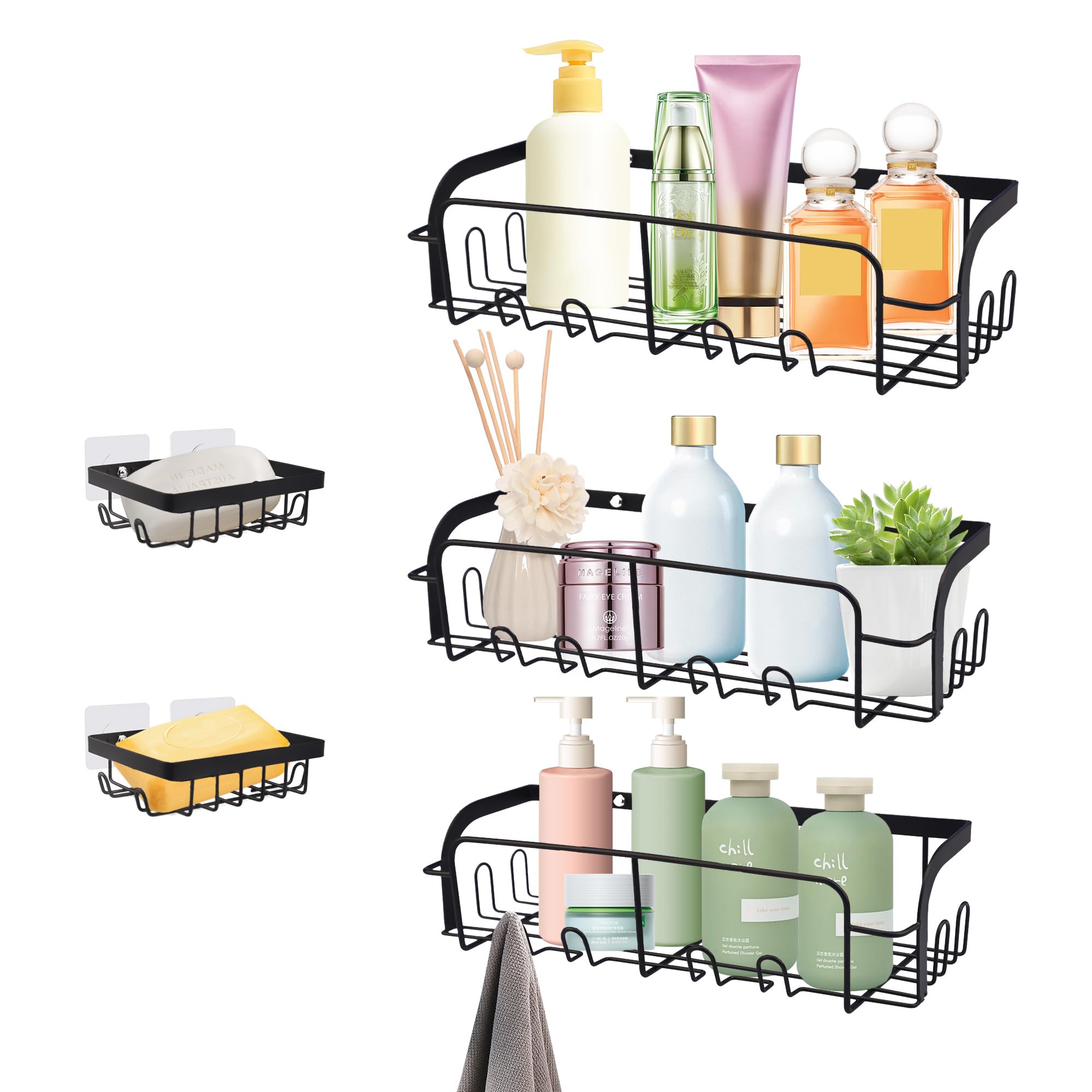 Evenpop 5 Pack Shower Caddy, No Drilling, Rustproof Shower Shelf with Soap Holder and Hooks with 20 Hooks