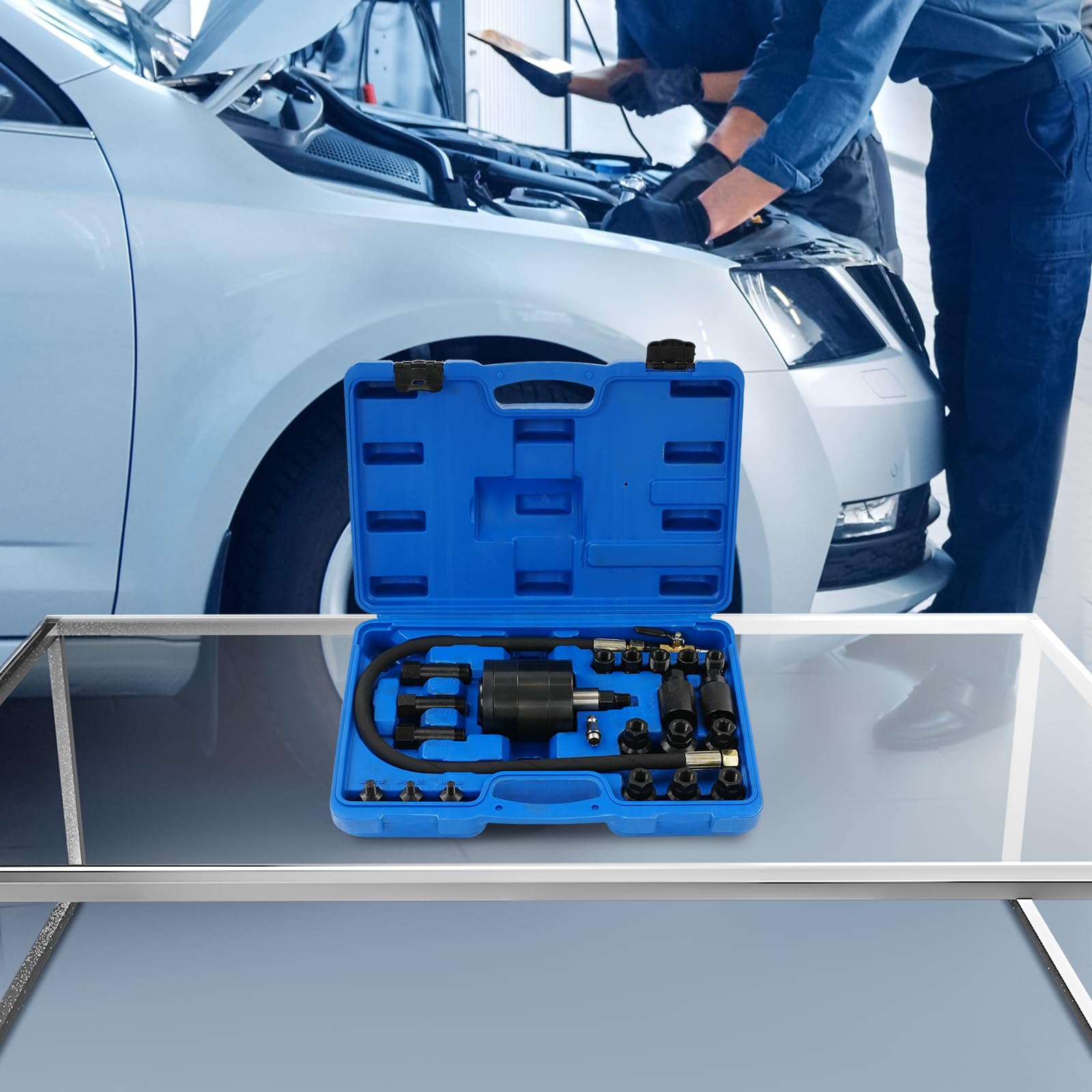 Set di 23 estrattori pneumatici, con 19 adattatori per motore diesel, pressione 5-8 bar, con valigetta in acciaio 45#