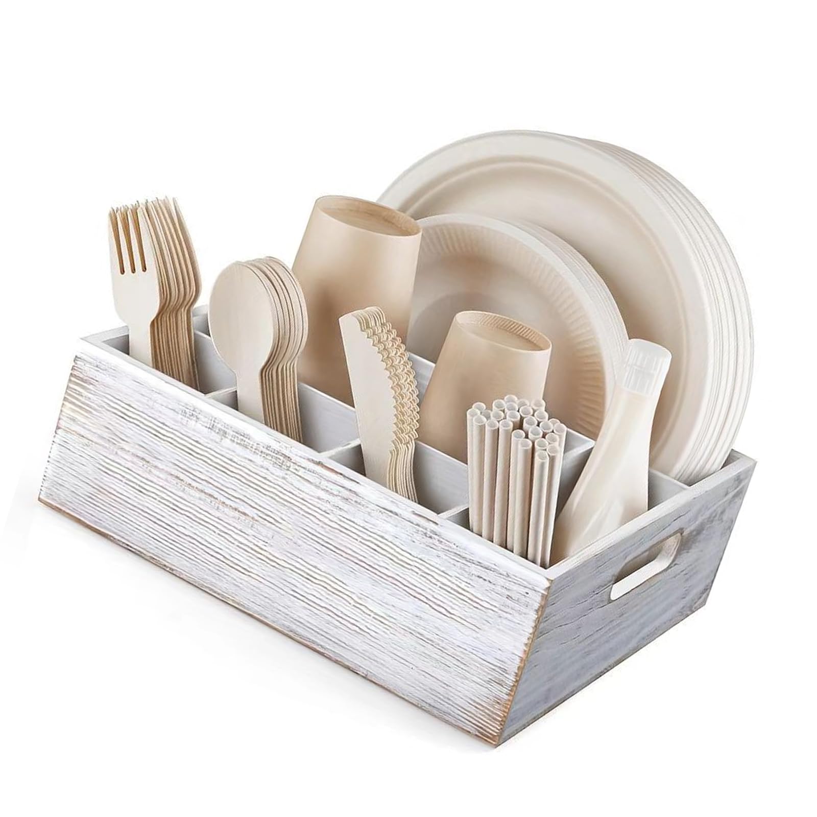 Kaeltsyn Wooden Party Kitchen Utensils Organizers with Compartments for Plates Napkins and Cutlery Storage Kitchen Tool Rack