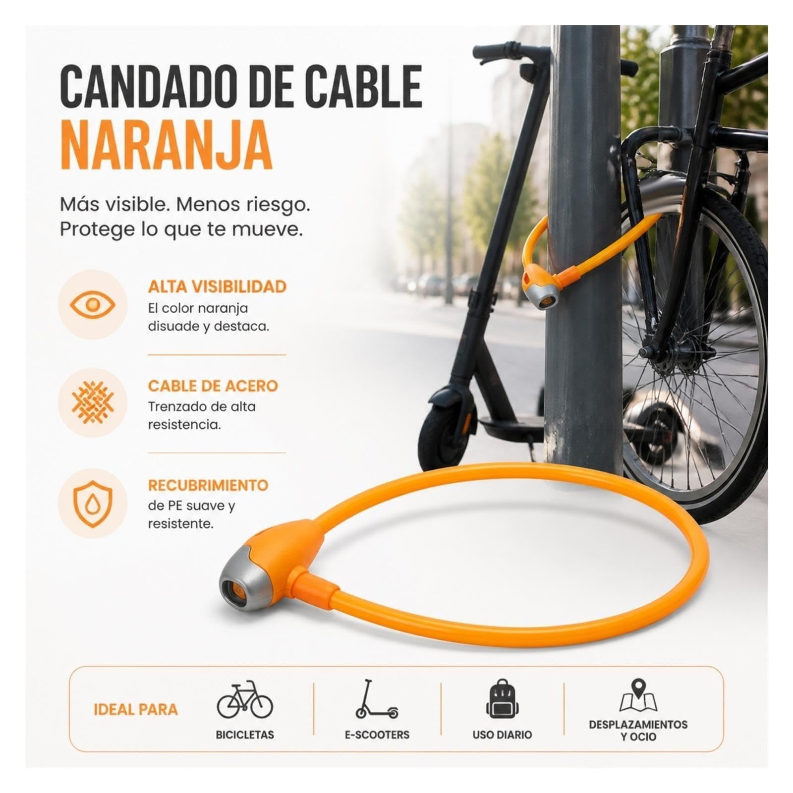 1 cerradura antirrobo de cable de acero al carbono.
