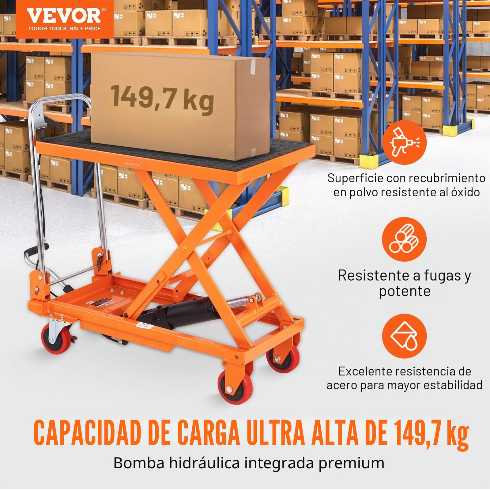 VEVOR TF15 - Carrito de mesa de elevación hidráulica, capacidad de 330 libras, 28.5 pulgadas con 4 ruedas y almohadilla antideslizante, para manejo y transporte de materiales, color naranja