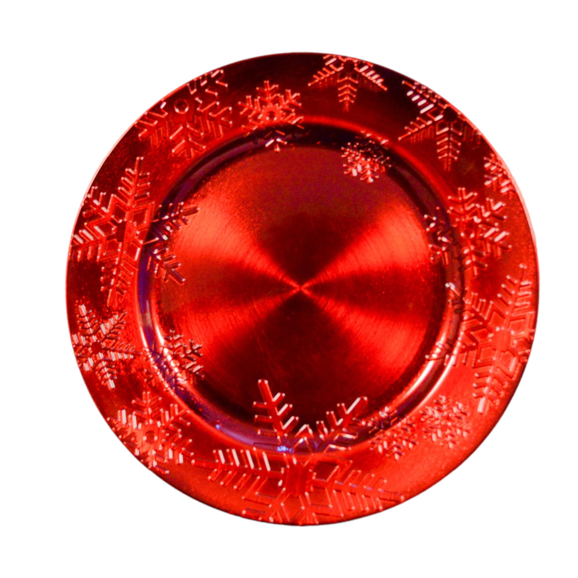 Sottopiatti Rosso FIOCCO DI NEVE Bordo SPAZZOLATO, uso Decorativo in plastica Rigida Bordo RIGHE, Tondo 33 cm, Natale cenone sotto Piatto Natalizio Cenone Capodanno Aperitivo (6 e 12 pz) (12)