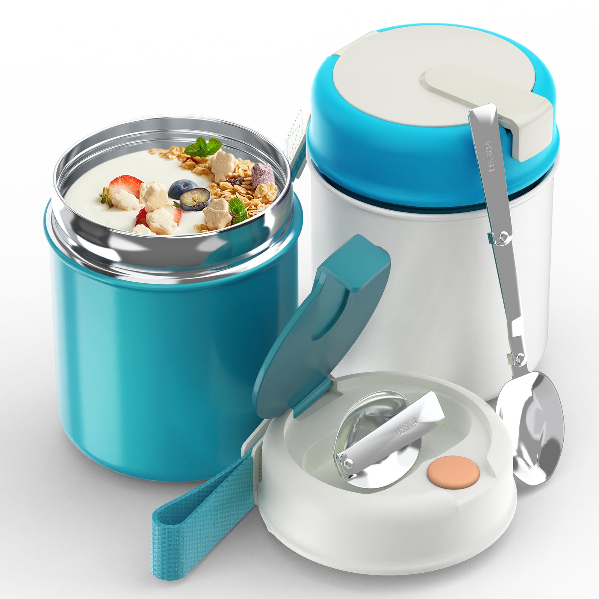 2 recipientes para sopa de alimentos, tarro térmico de acero inoxidable para adultos, para boca fría y caliente con cuchara, botella a prueba de fugas, almacenamiento de alimentos calientes al aire