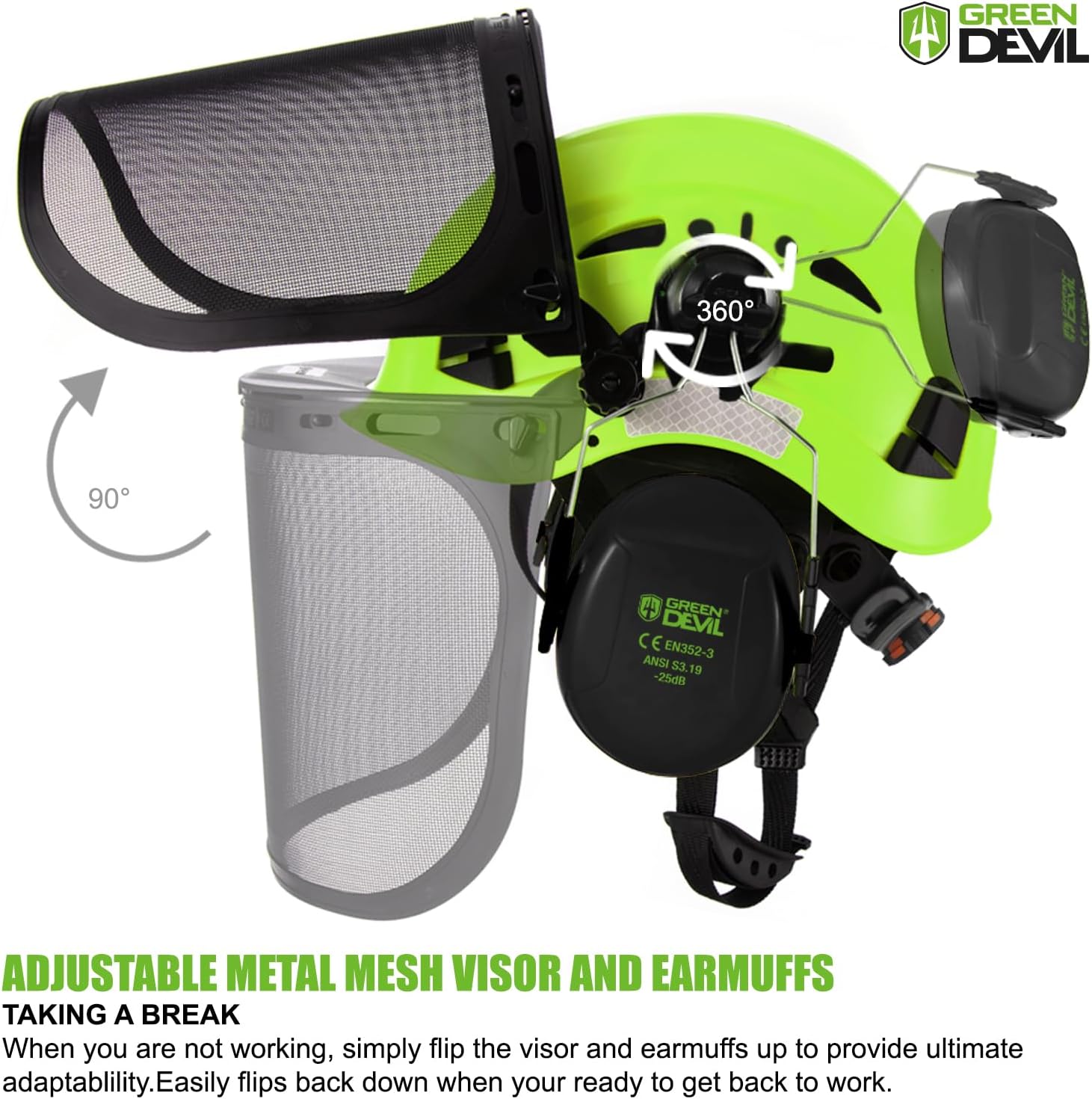 GREEN DEVIL Forestry Chainsaw Safety Helmet with Mesh Face Shield Built-in Visor and Earmuffs 5 in 1 System Vented Arborist Helmet ANSI Z89.1 Hard Hat Logging Garden Work Hardhats for Men Women - Image 3