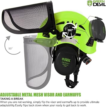 GREEN DEVIL Forestry Chainsaw Safety Helmet with Mesh Face Shield Built-in Visor and Earmuffs 5 in 1 System Vented Arborist Helmet ANSI Z89.1 Hard Hat Logging Garden Work Hardhats for Men Women
