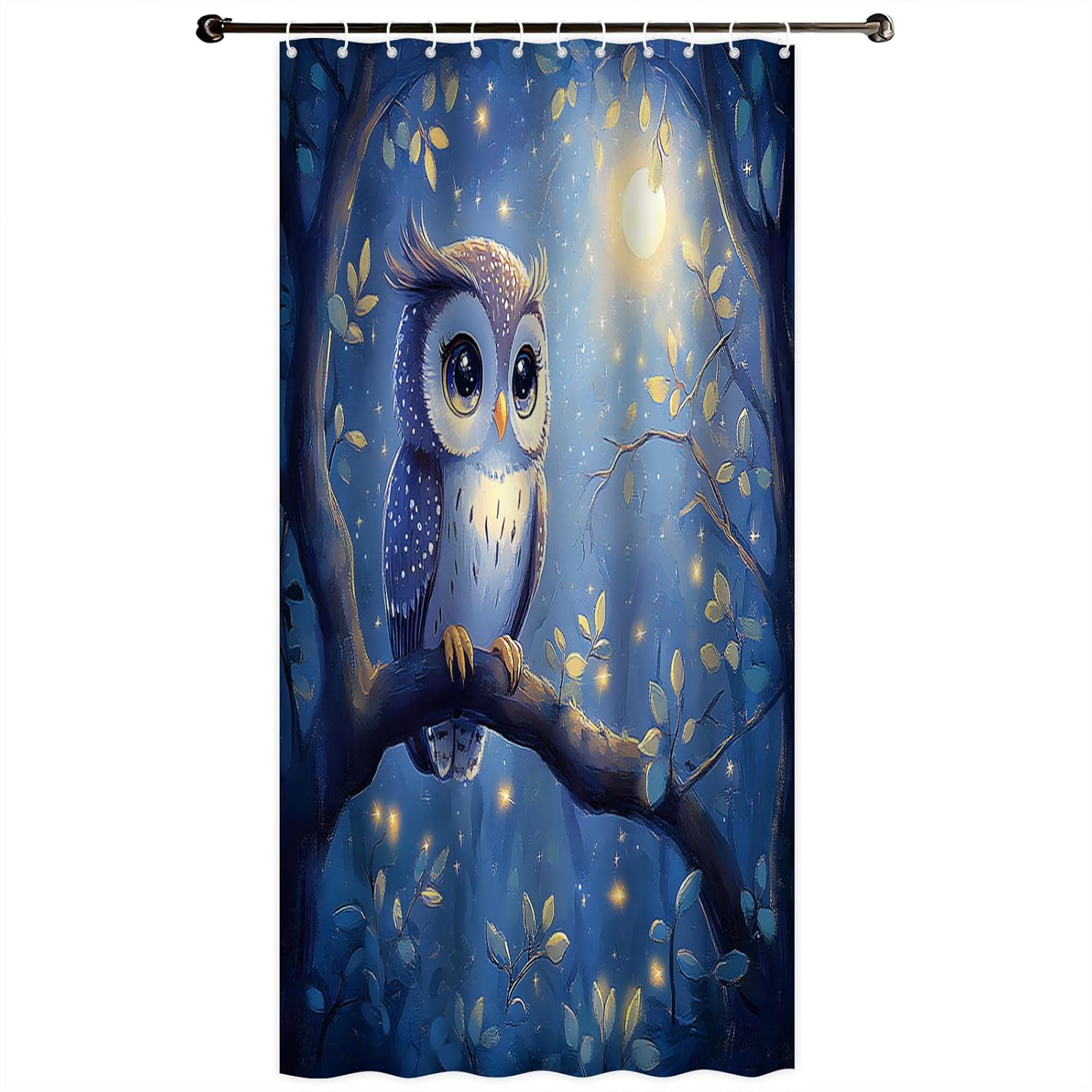 Owl Shower Curtain Full Moon Wild Animal Rustic Floral Forest Blue Fantasy Starry Night Sky Watercolor Wildlife Bird Scene Decorative Curtain with Polyester Fabric