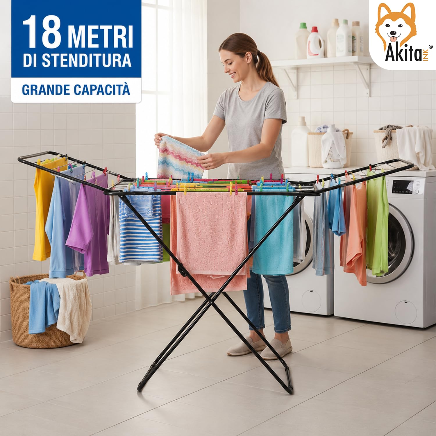 AKITAInk Stendibiancheria AEGEANSTAR Nero da Pavimento, 18 m di Stenditura, 100% Acciaio, Pieghevole con Sistema Anti-Chiusura e Certificazione TÜV