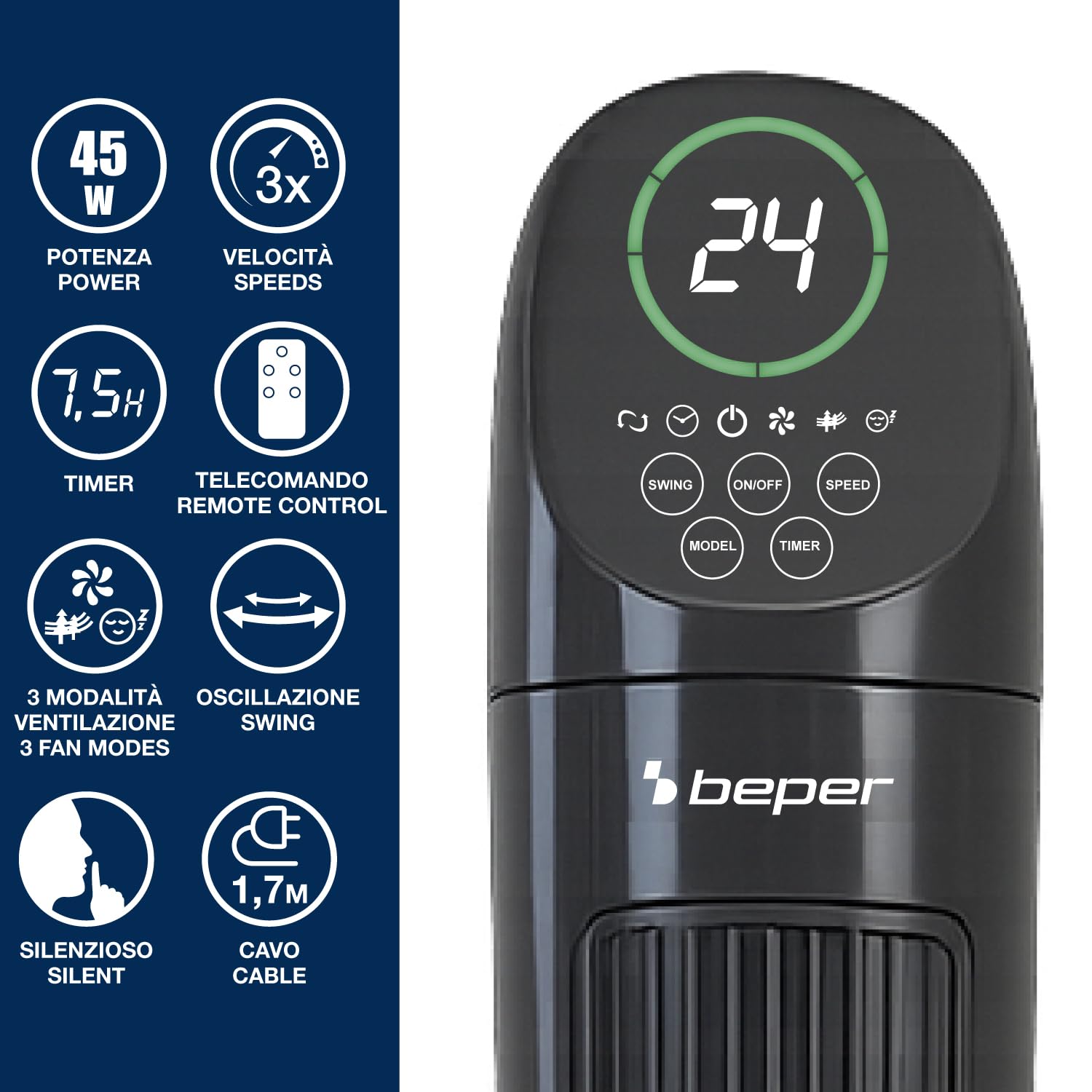 BEPER P206VEN310 Ventilador de torre digital de lujo con control remoto, silencioso, 3 velocidades y 3 modos, oscilación, temporizador de 7,5 horas, base estable