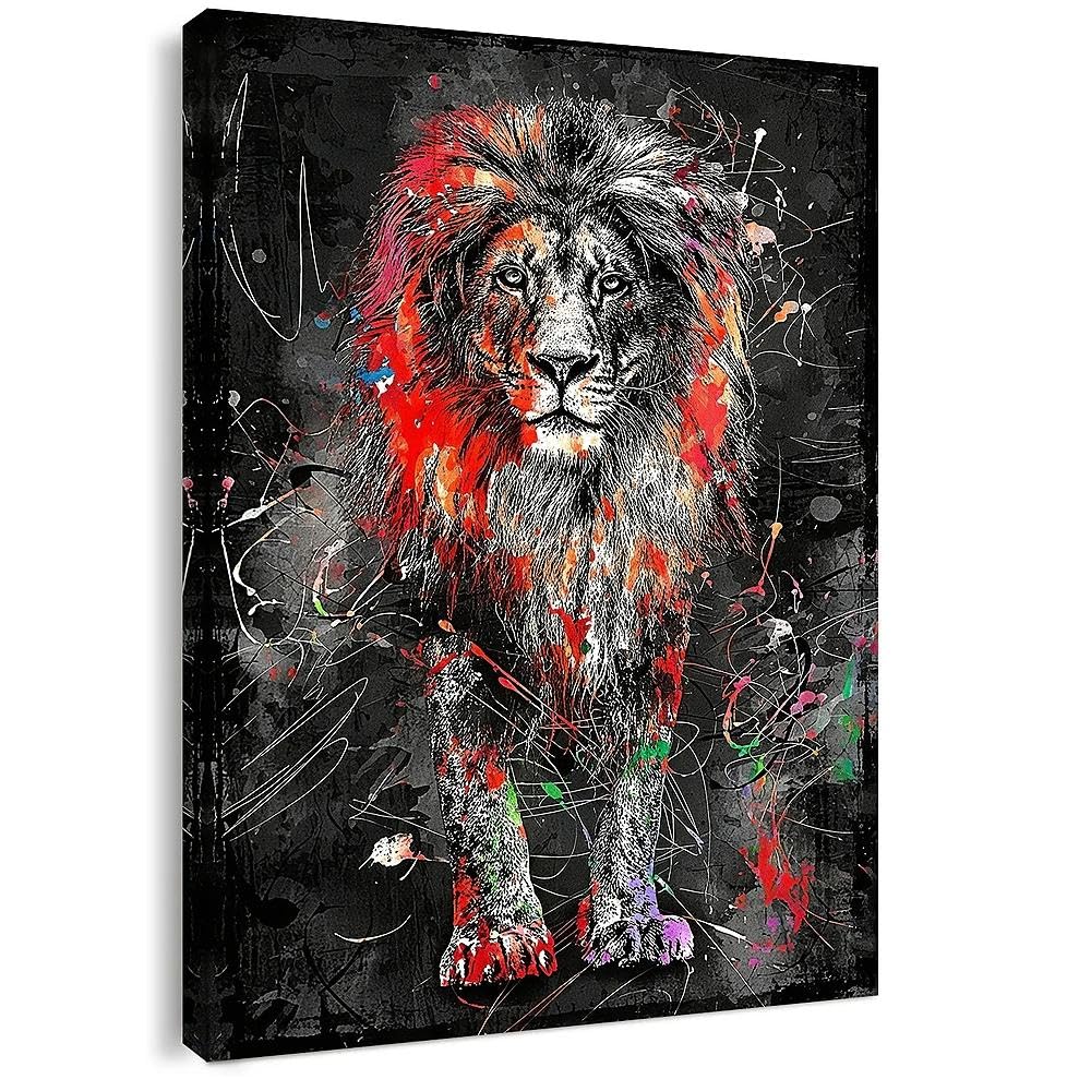 Qiukoo Canvas Wall Art Framed – Abstract Lion Colour Splash Artwork, Modern Bold Animal Wall Decor for Living Room, Bedroom, Hallway or Entryway Home Decoration, with Hooks and Nails, 12x16 Inch — image 1