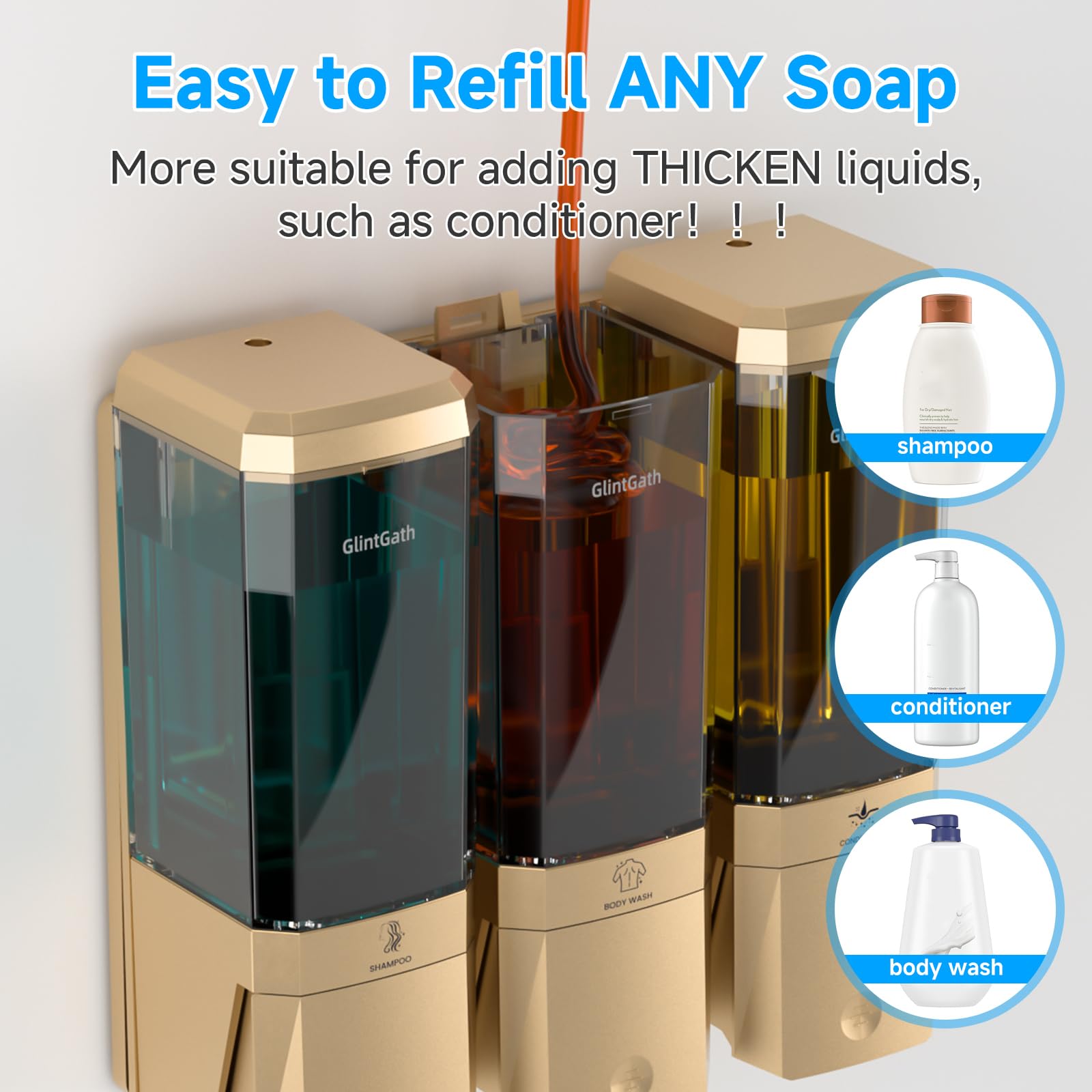 Dispenser per shampoo e balsamo, dispenser per doccia a 3 camere, senza trapano, dispenser per shampoo per doccia a parete per bagno hotel, grande capacità 3 x 500 ml, oro