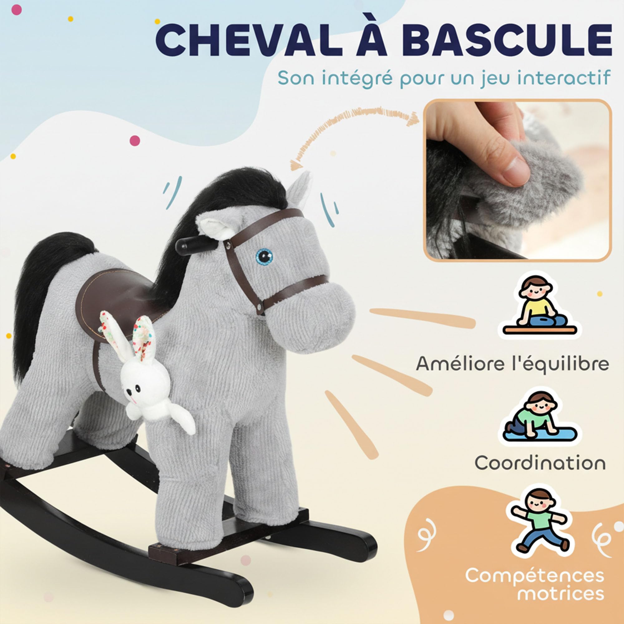 AIYAPLAY - Caballo mecedor para niños con efecto de sonido, juguete para bebé de peluche, muñeca y asa, regalo para niñas y niños de 2 a 5 años, color gris