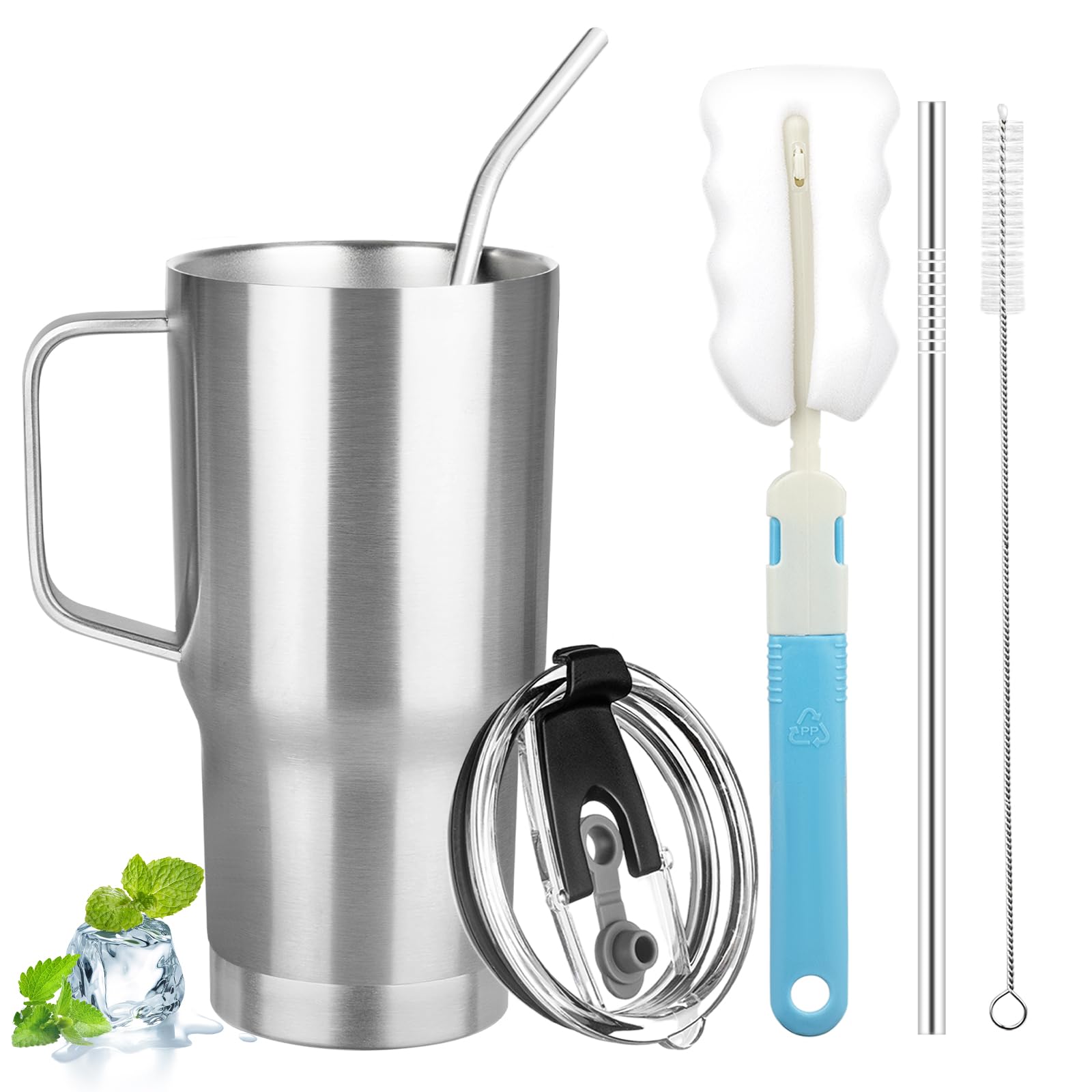 20 oz Tumbler with Handle, Stainless Steel Insulated Tumbler with Lid and Straw, Double Wall Vacuum Coffee Mug Tumbler, Insulated Coffee Thermal Cup for Cold and Hot (Silver)