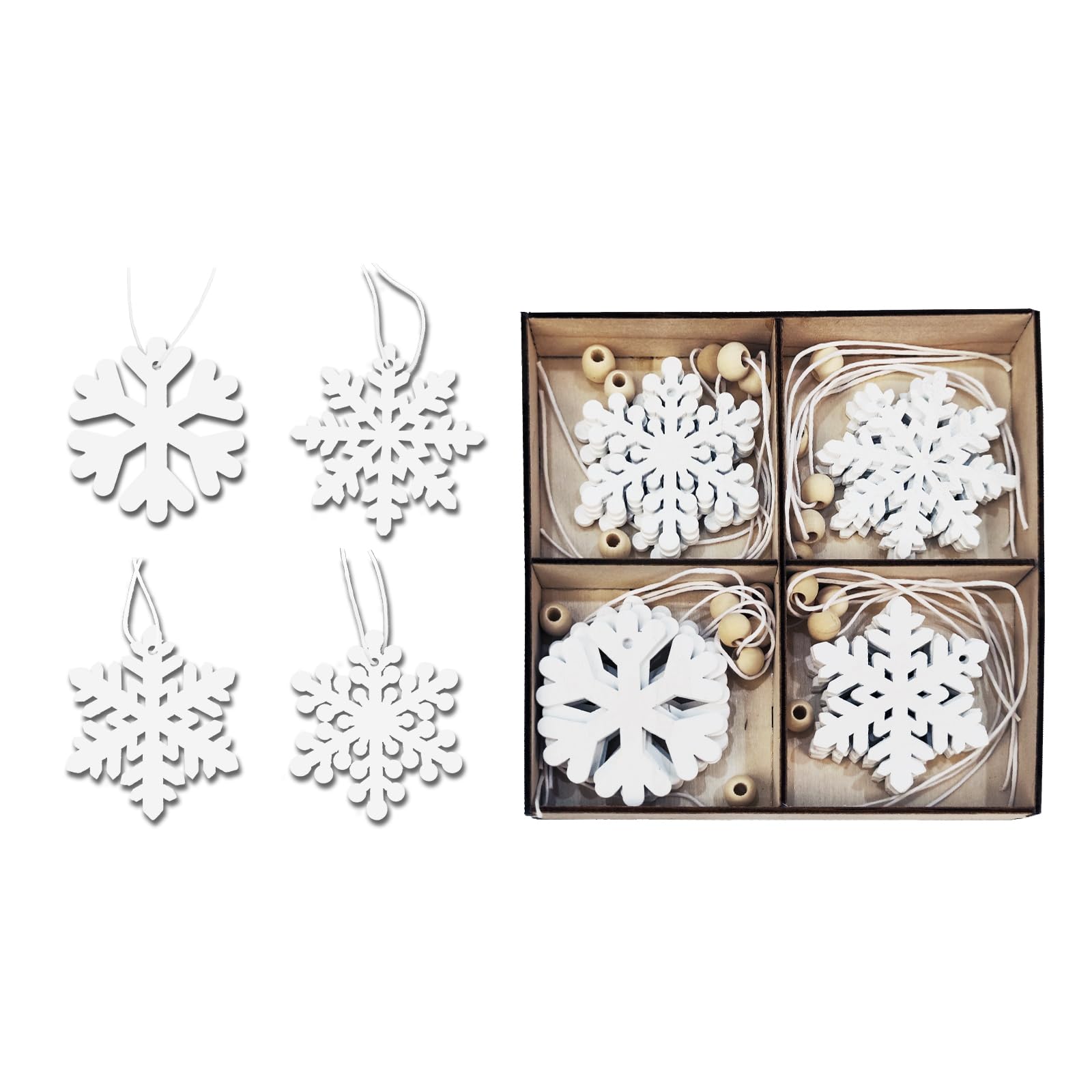 DATEFUN Adornos Arbol Navidad Madera - 24 Piezas DIY Copos de Nieve Navidad con Cuerda - Colgante de árbol de Navidad para Navidad Fiesta (6CM)