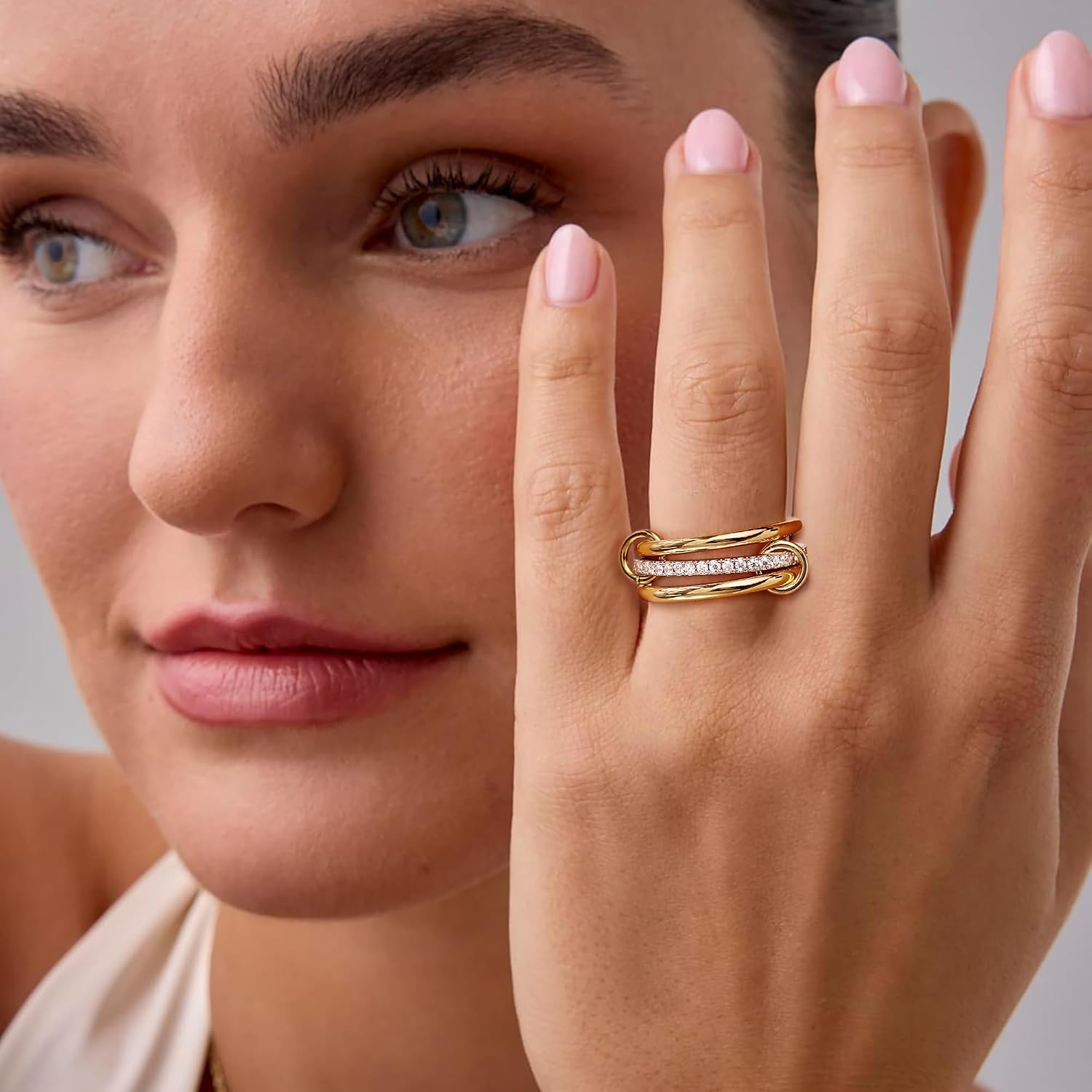 14K Gold Plated Stackable Rings,3 CZ Cubic Zirconia Ring Set,Silver & Gold Stacking Rings, Multi-Link Connected,Statement Interlocking Band for Women, Hypoallergenic, Non Tarnish wedding ring
