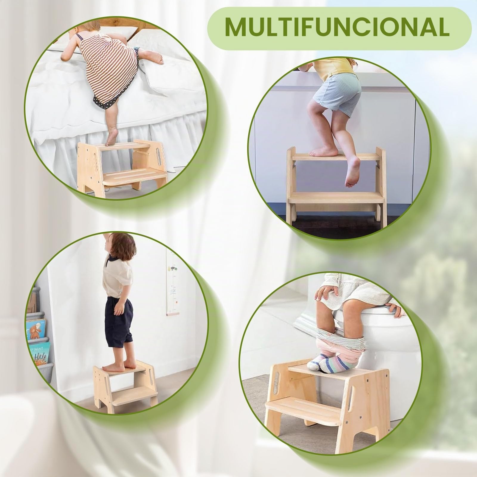Kottwca Taburete infantil de 2 niveles, antideslizante, madera con asa, taburete estable, capacidad de carga de hasta 150 kg, reposapiés para niños, para baño, lavabo, cocina, habitación infantil