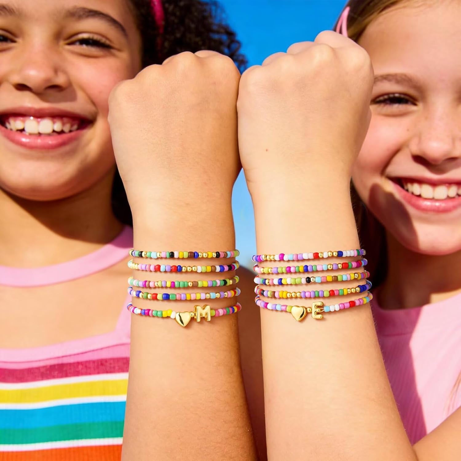 M MOOHAM Valentines Gifts for Kids Girls Her - 5PCS Colorful Beaded Bracelets for Girls, Cute Heart Initial Bracelet Stretch Stackable Bracelets Jewelry Set Valentines Gifts for Kids Teen Girl Women - Image 2