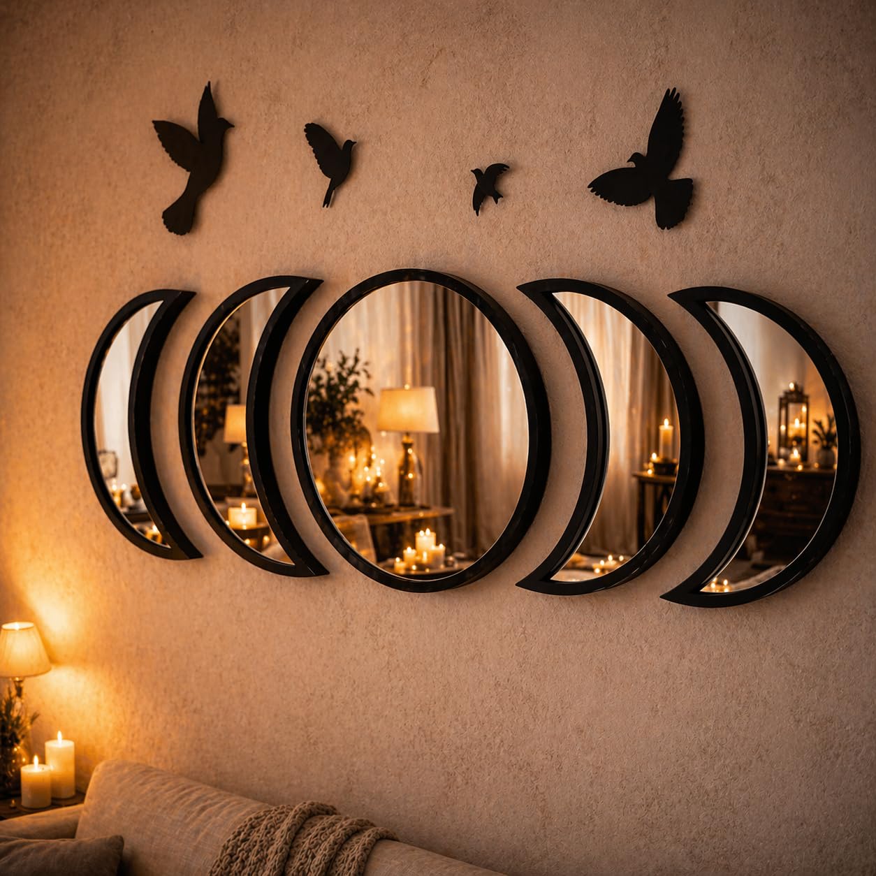 NESHE Zestaw luster z fazą księżyca, skandynawski, naturalny, dekoracja ścienna boho, estetyczna dekoracja ścienna w stylu wiedźmy, boho, do wnętrz, gotyckie, dekoracje do salonu, sypialni, mieszkania