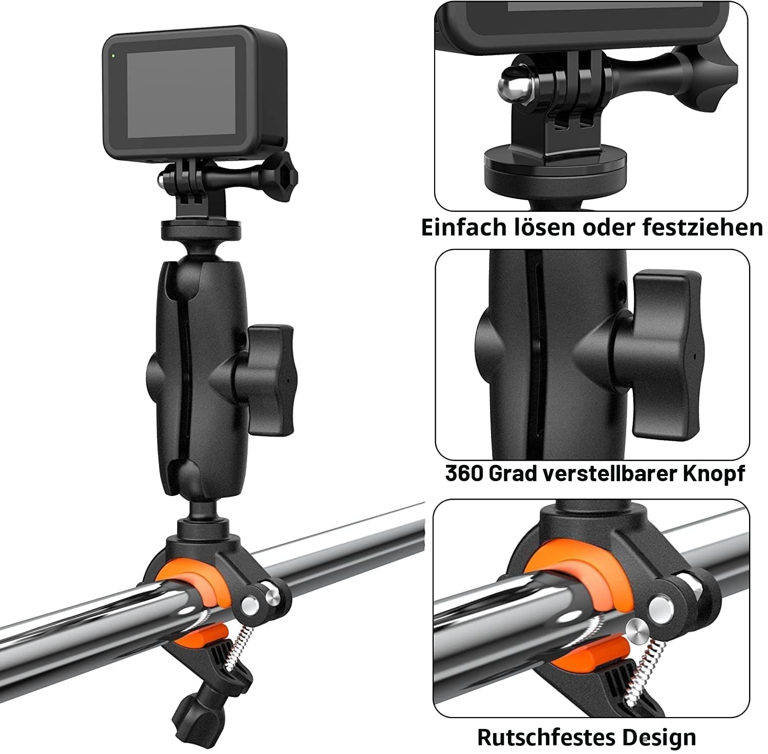 UNSTINCER Action Kamera Halterung für 8–35mm Stange für GoPro Hero 13 12 11 Insta360 X5 X4 X3 DJI Osmo, Motorrad Spiegel Fahrrad Lenker Halter mit 1/4–20 Gewinde und Aktion Cam Adapter